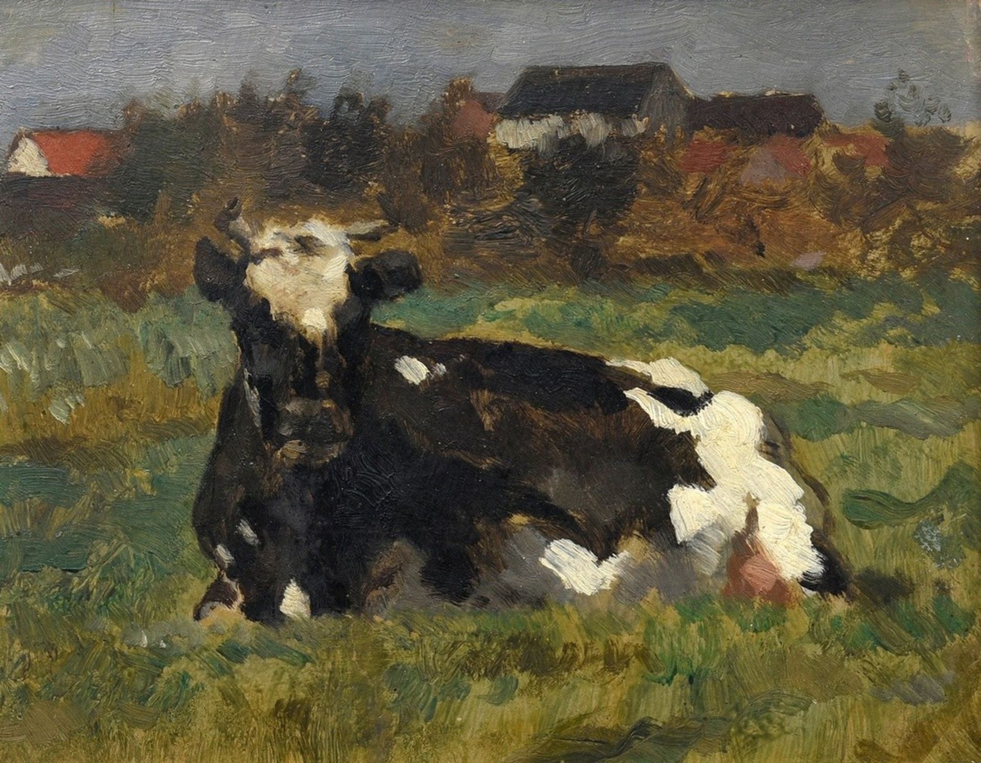 Unbekannter Künstler um 1900 „Liegende Kuh“, Öl/Holz, 16,8x20,8cm (m.R. 31x27cm)