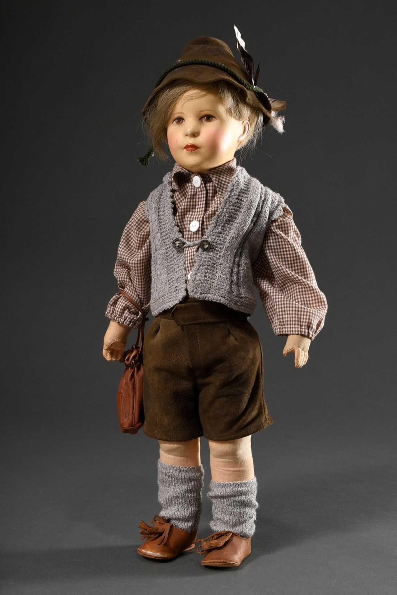 Käthe Kruse doll "Friedebald", mass crank head with real hair wig, nettle body, in traditional cost