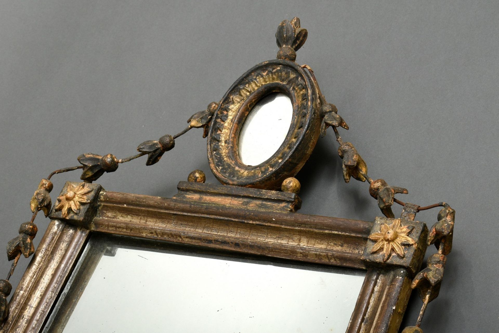 Gilded classicistic console mirror with filigree floral festoons and rosette frame as crowning, old - Image 2 of 5