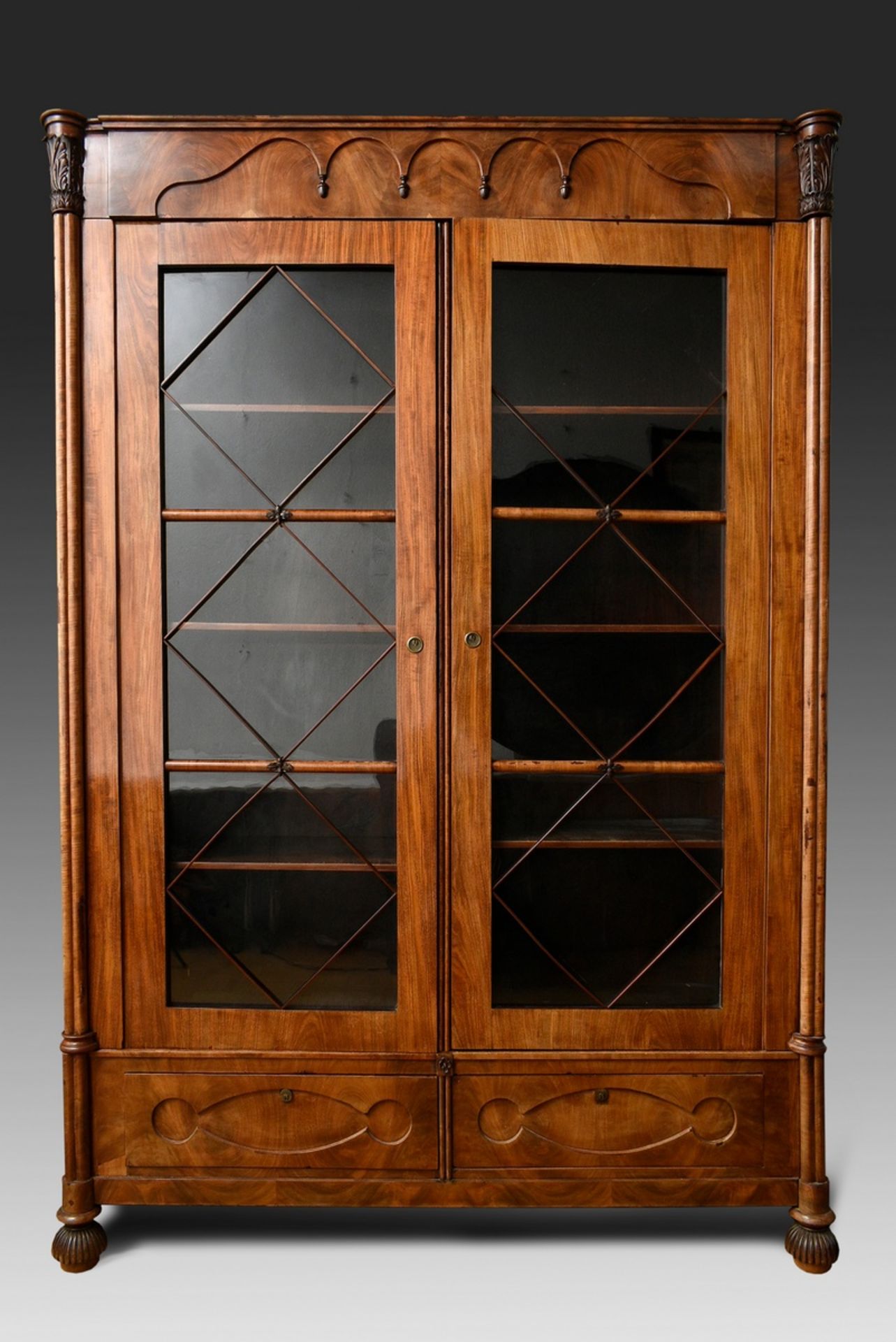 Biedermeier bookcase with gothic arches in the cornice and diamond bracing on the glazed doors betw - Image 2 of 16