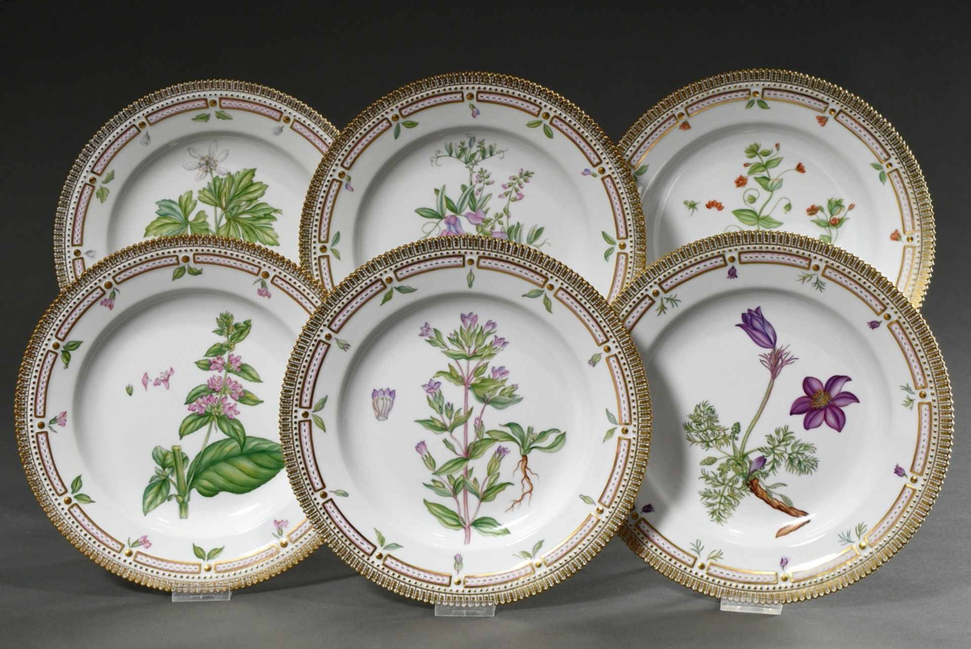 6 Royal Copenhagen "Flora Danica" dinner plates with polychrome painting in the mirror and gold dec
