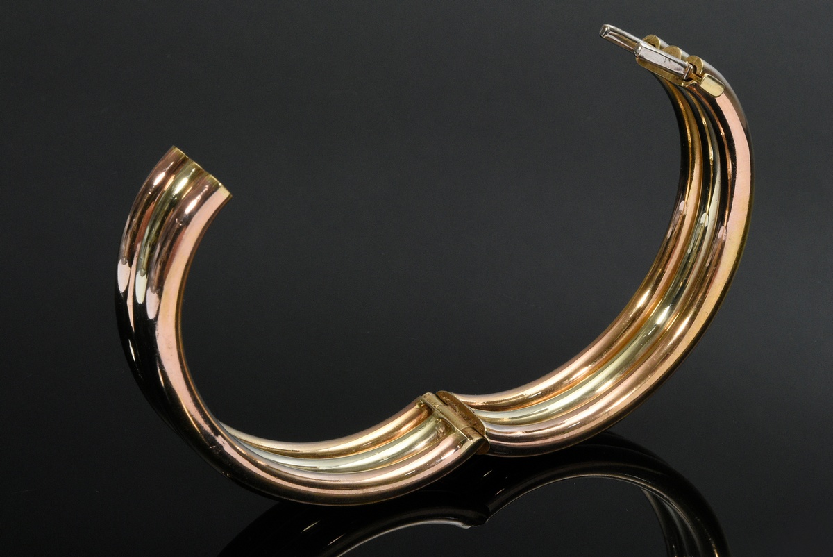 Oval bicolour gold 750 bangle with hinge, 65g, inside 6x5cm, traces of wear - Image 3 of 3