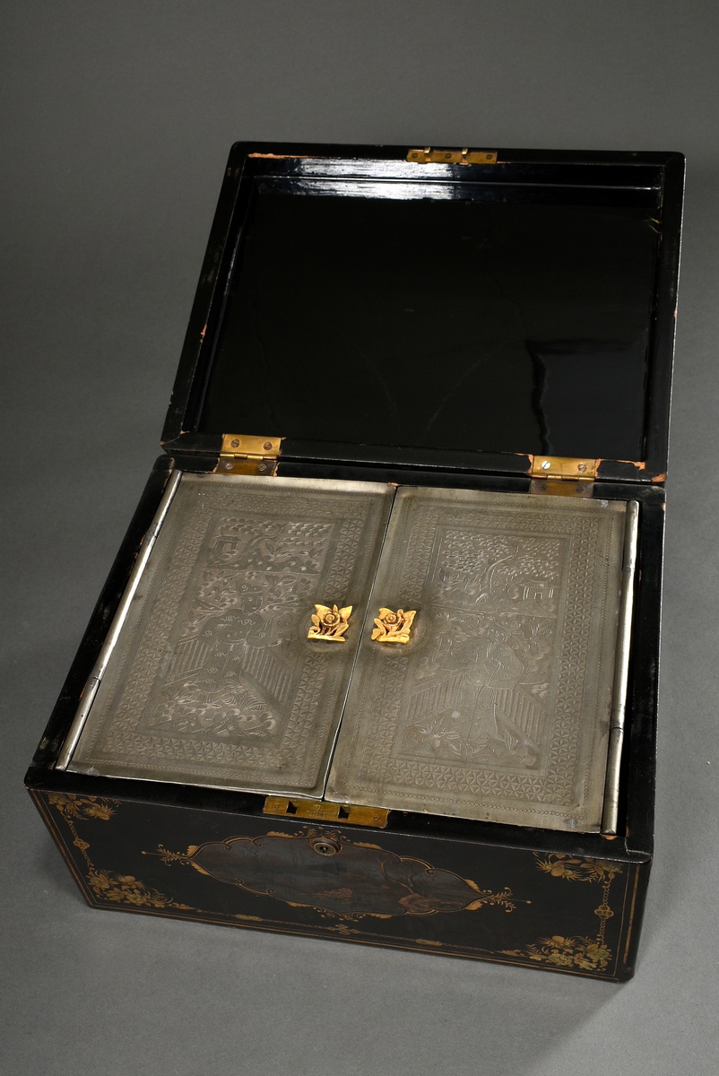 Large Cantonese lacquer tea chest "Landscape Scenes in Reserves", inside 2 pewter containers with c