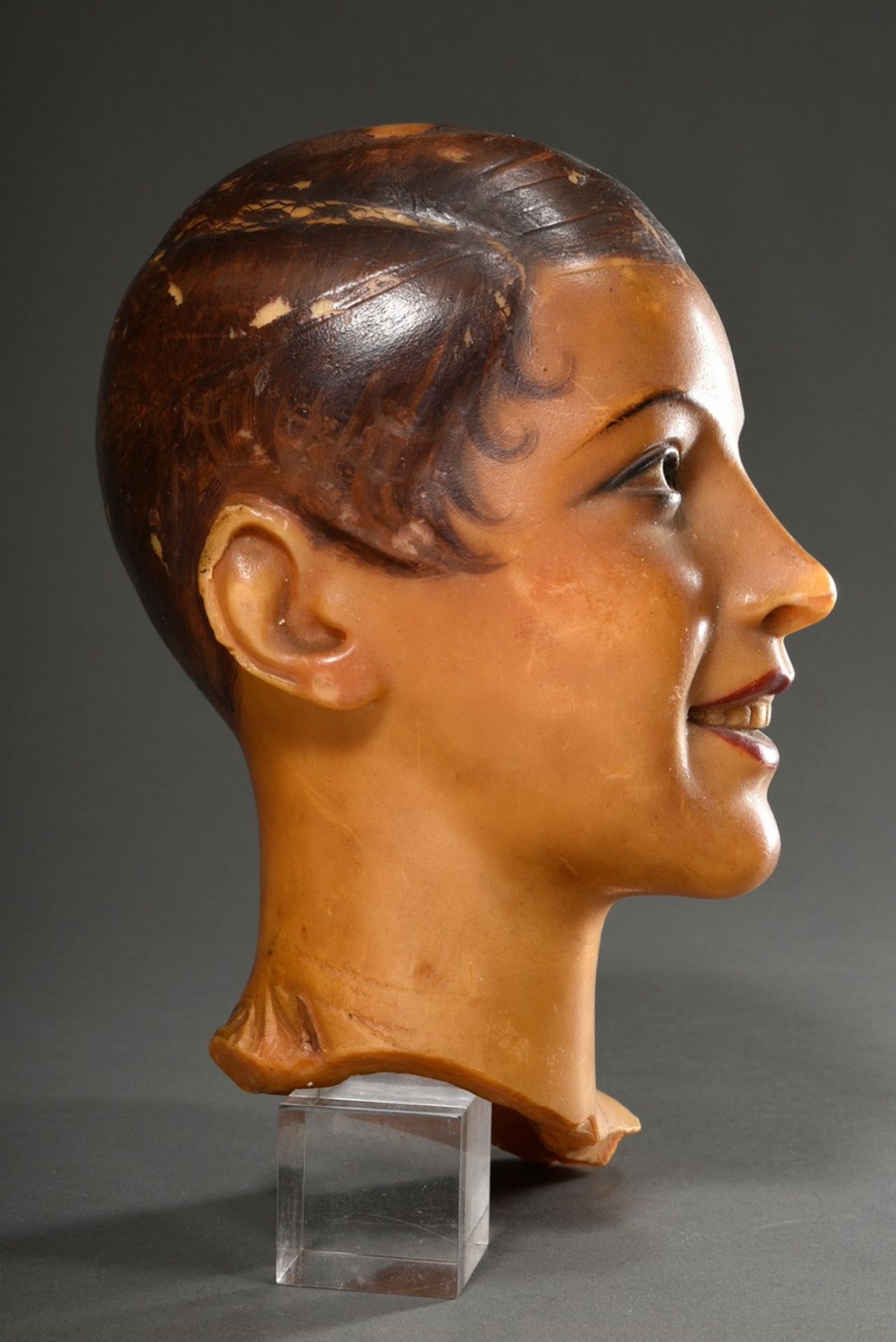 Wachs Mannequin Kopf in naturalistischer Ausformung mit polychromer Staffage, 1920er Jahre, H. 31cm - Bild 12 aus 16