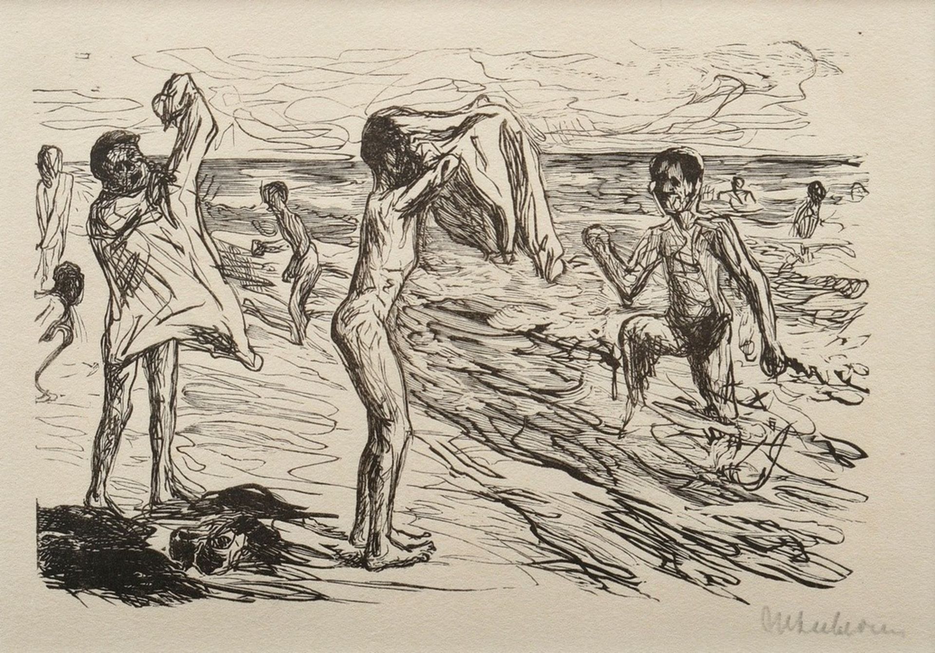 Liebermann, Max (1847-1935) "Badende Knaben beim Hemdanziehen" 1922, Xylographie, u.r. sign., PM 9,