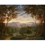 Unbekannter Künstler des 19.Jh. (J. Blunzner?) "Romantische Gebirgslandschaft im Sonnenuntergang" 1