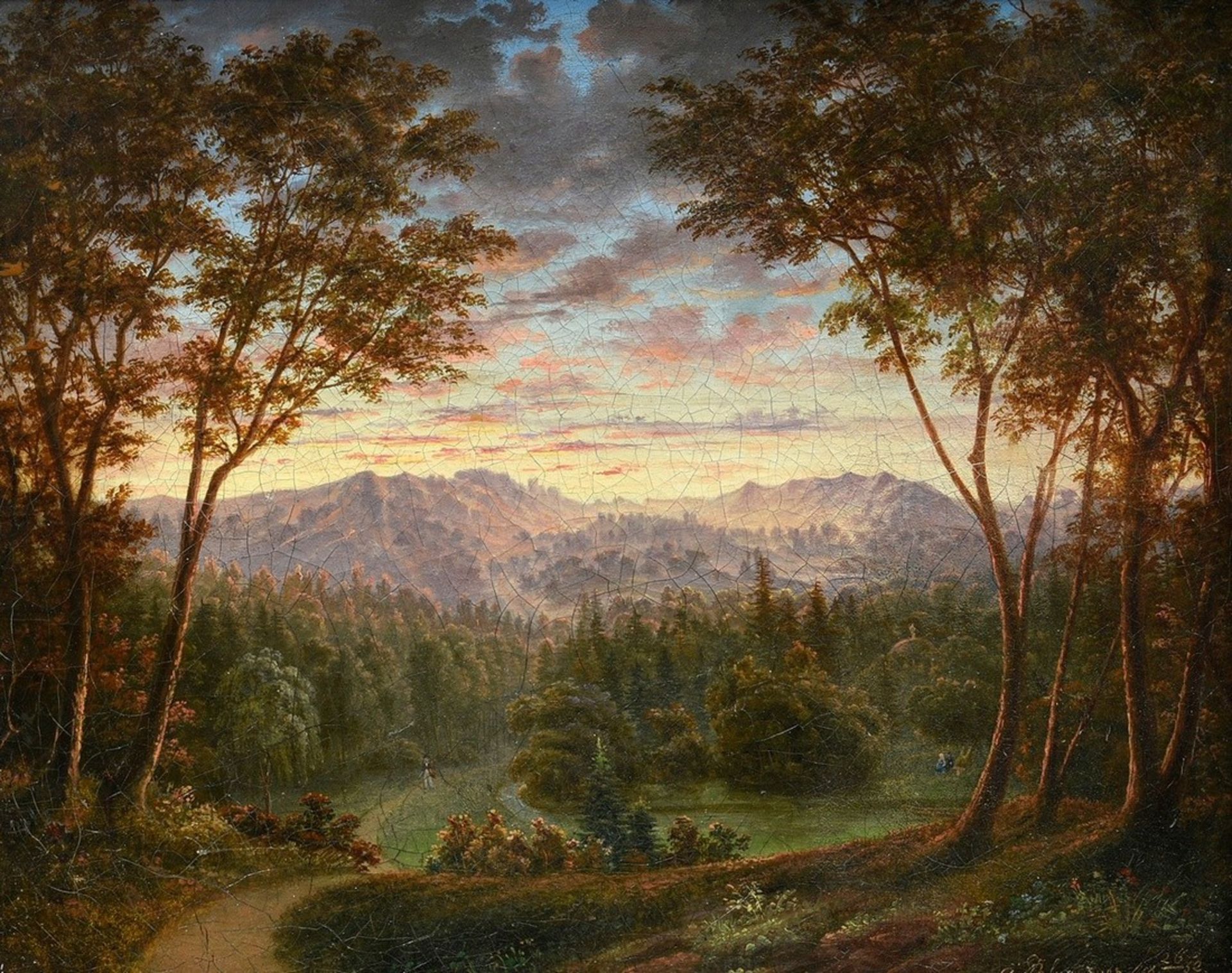 Unbekannter Künstler des 19.Jh. (J. Blunzner?) "Romantische Gebirgslandschaft im Sonnenuntergang" 1