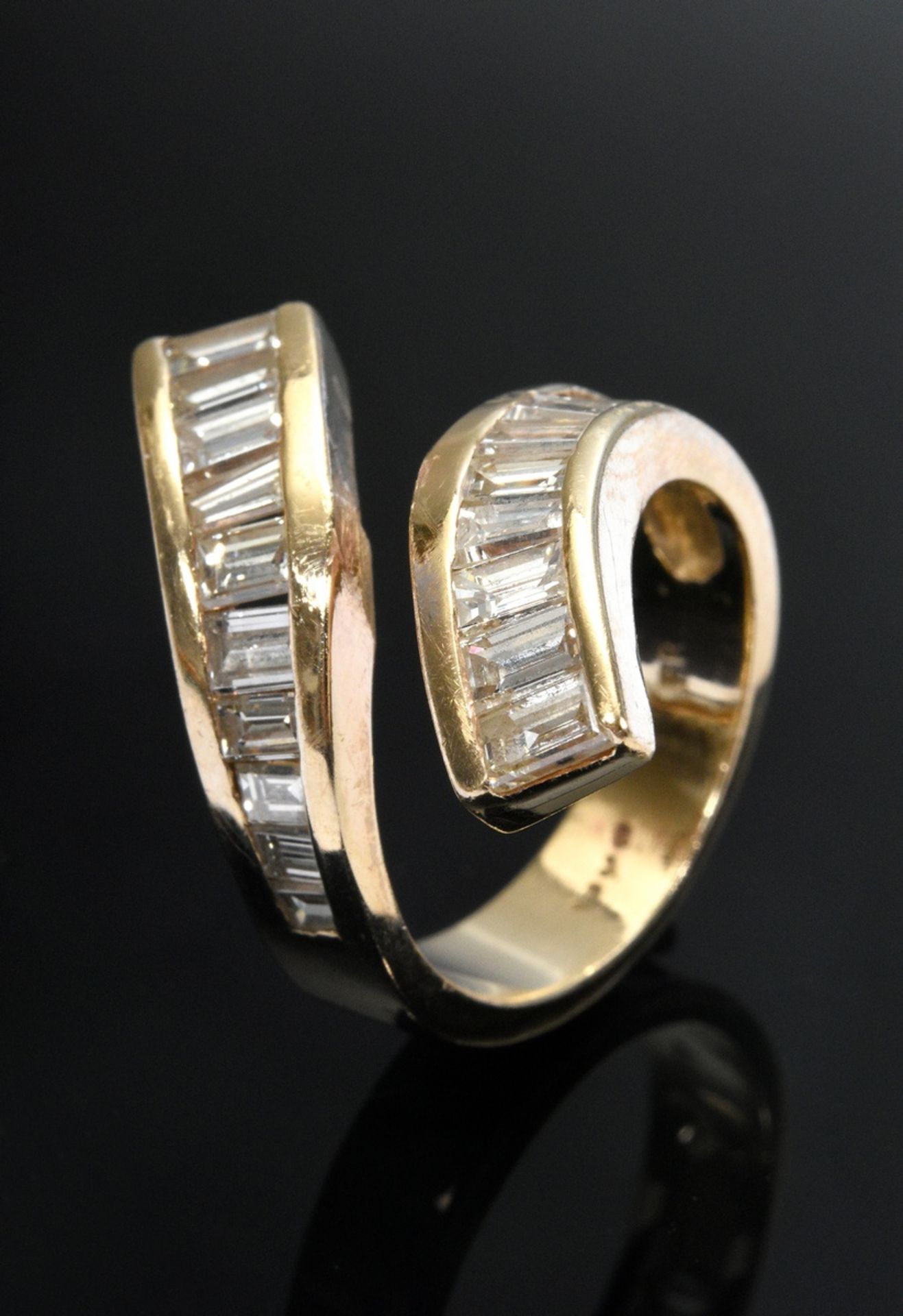 Moderner Gelbgold 585 "Toi et Moi" Ring mit 20 Diamantbaguettes (zus. ca. 3.8ct/SI/TCR-LY), 8,2g, G