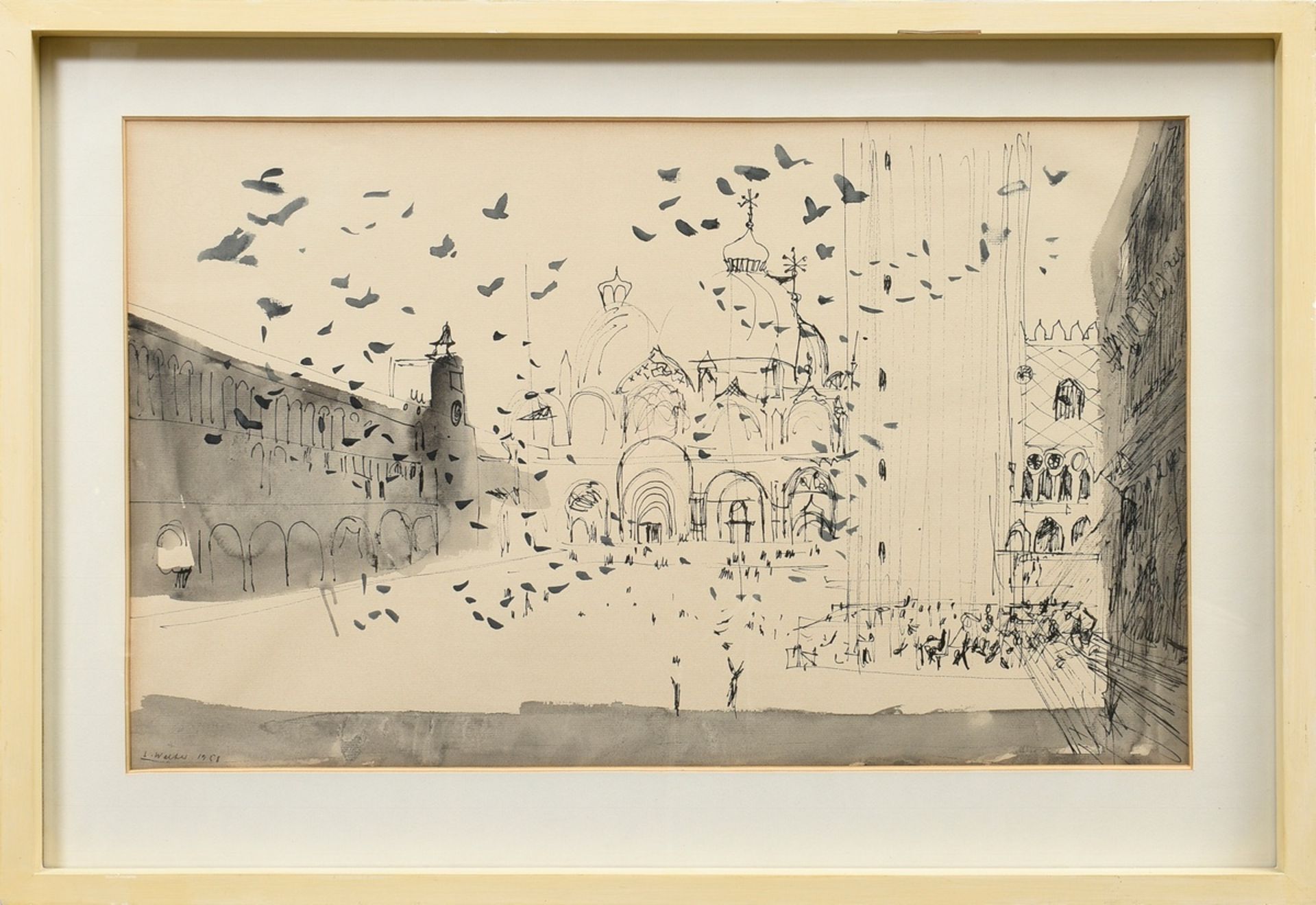 Walter, L. "Piazza San Marco" 1958, ink/aquaell, lower left sign./dat., 37,3x58cm (w.f. 51,5x71,5cm - Image 2 of 3