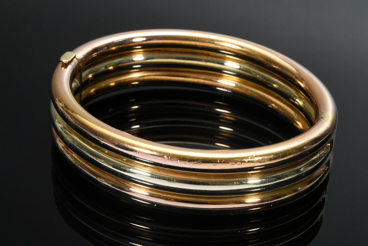 Oval bicolour gold 750 bangle with hinge, 65g, inside 6x5cm, traces of wear - Image 2 of 3