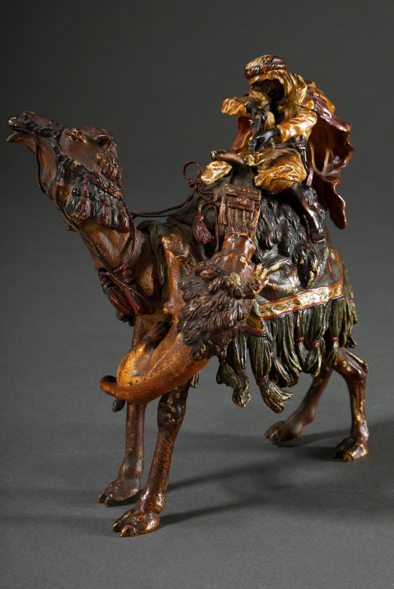 Viennese bronze "Arabian horseman on dromedary during a lion attack", coloured, vase stamp by Franz