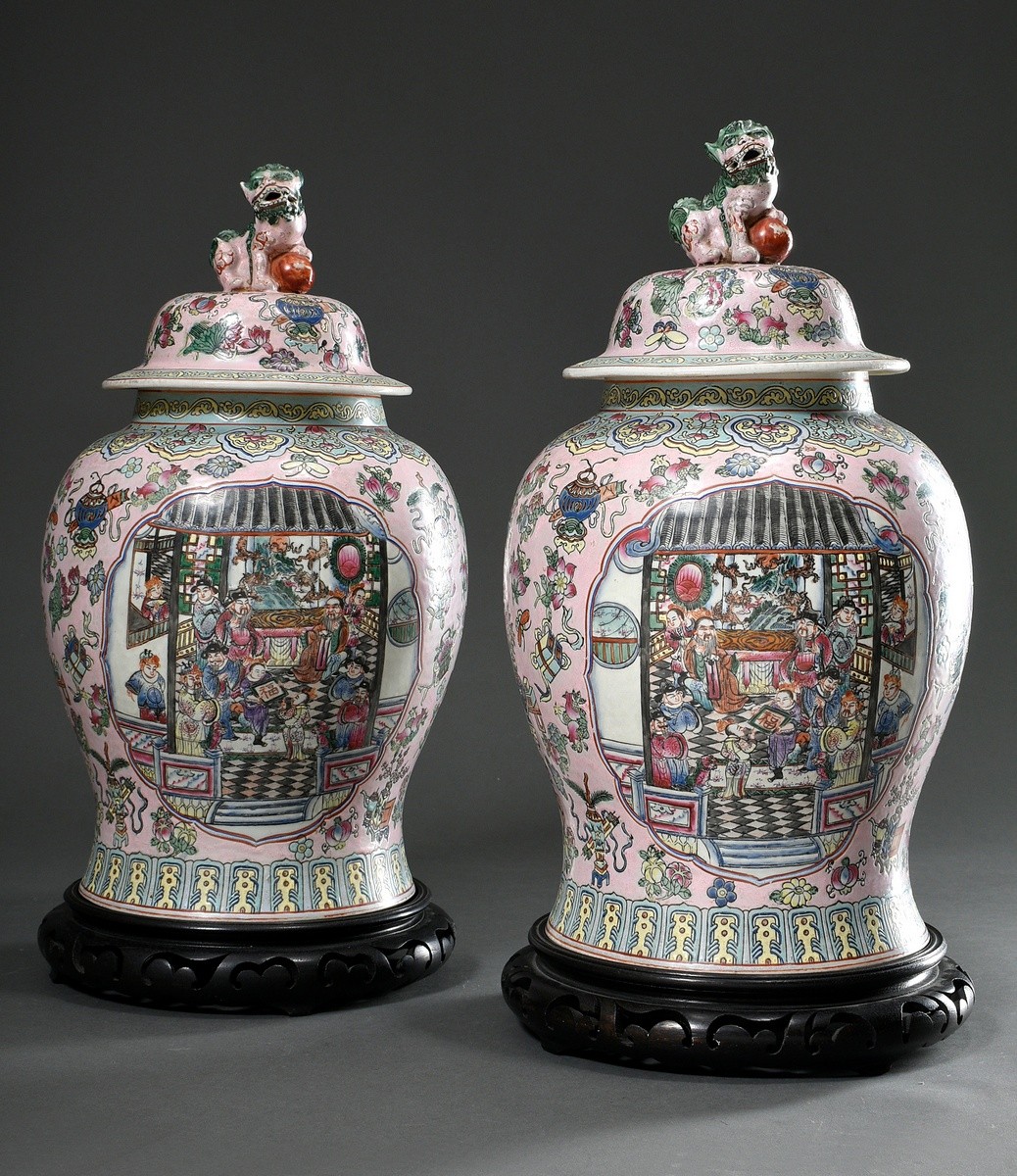 Pair of Chinese baluster vases with Famille Rose painting "Blossoms, Fruits and Scholar Objects" on