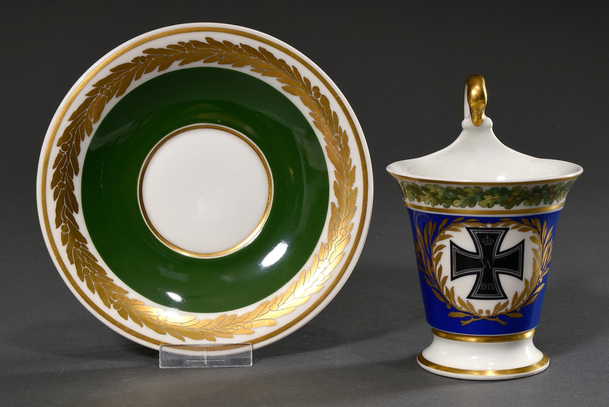 KPM war cup/UT "Iron Cross" with gold decorated medallion, painted border "oak leaves" in green ton - Image 2 of 4