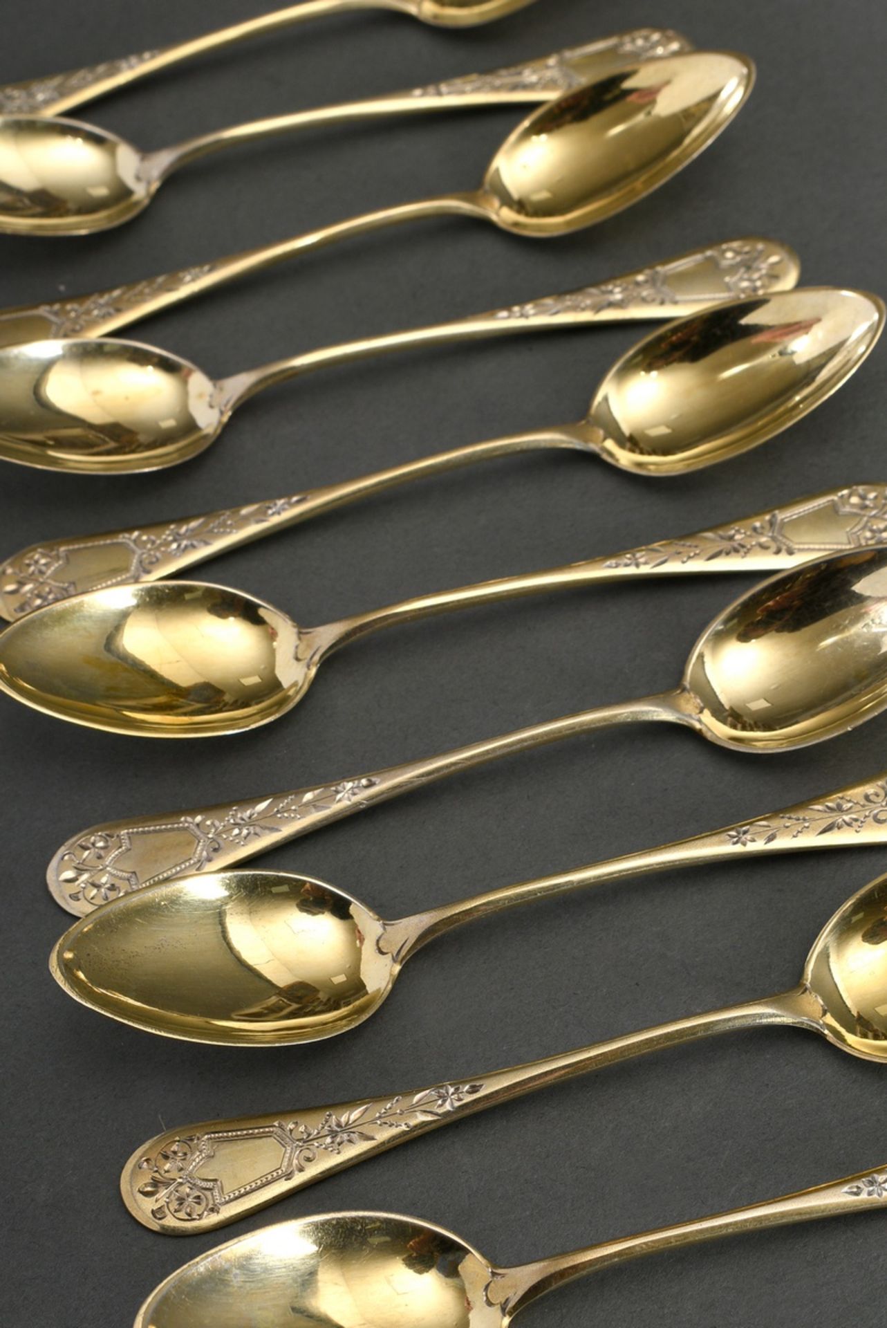 10 Mocha spoons with floral ornamental brightcut decoration, Koch & Bergfeld/ Bremen, c. 1900, silv