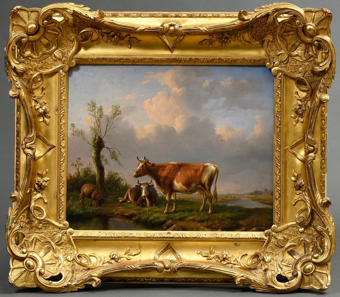 Verwée, Louis Pierre (1807-1877) "Landscape with Cows and Sheep" 1846, oil/wood, lower right sign./ - Image 2 of 6