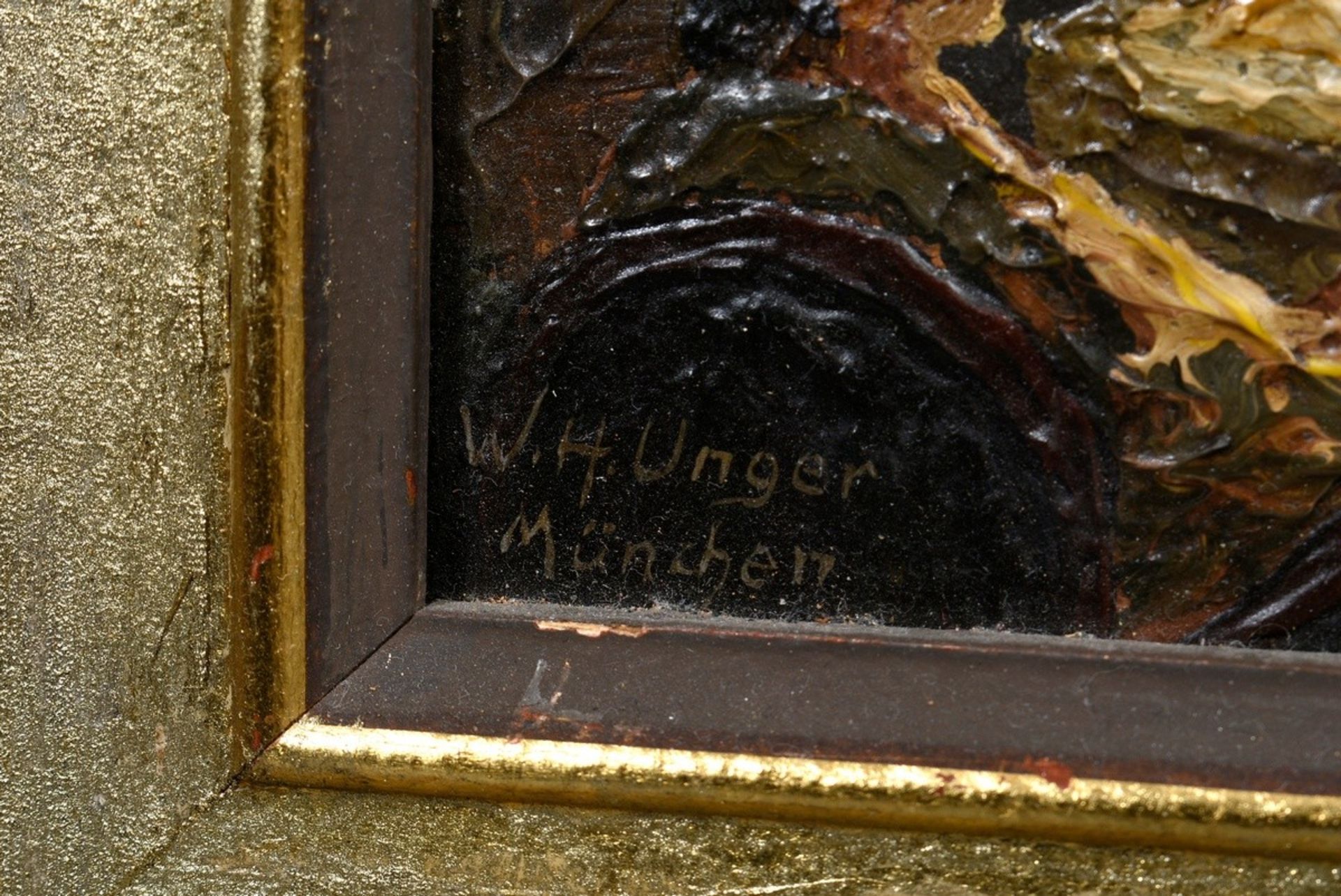 Unger, Wolfgang Heinz (1929-2019) "Abendgesellschaft", Öl/Platte, u.l. sign./bez., Prunkrahmen (kle - Bild 3 aus 4