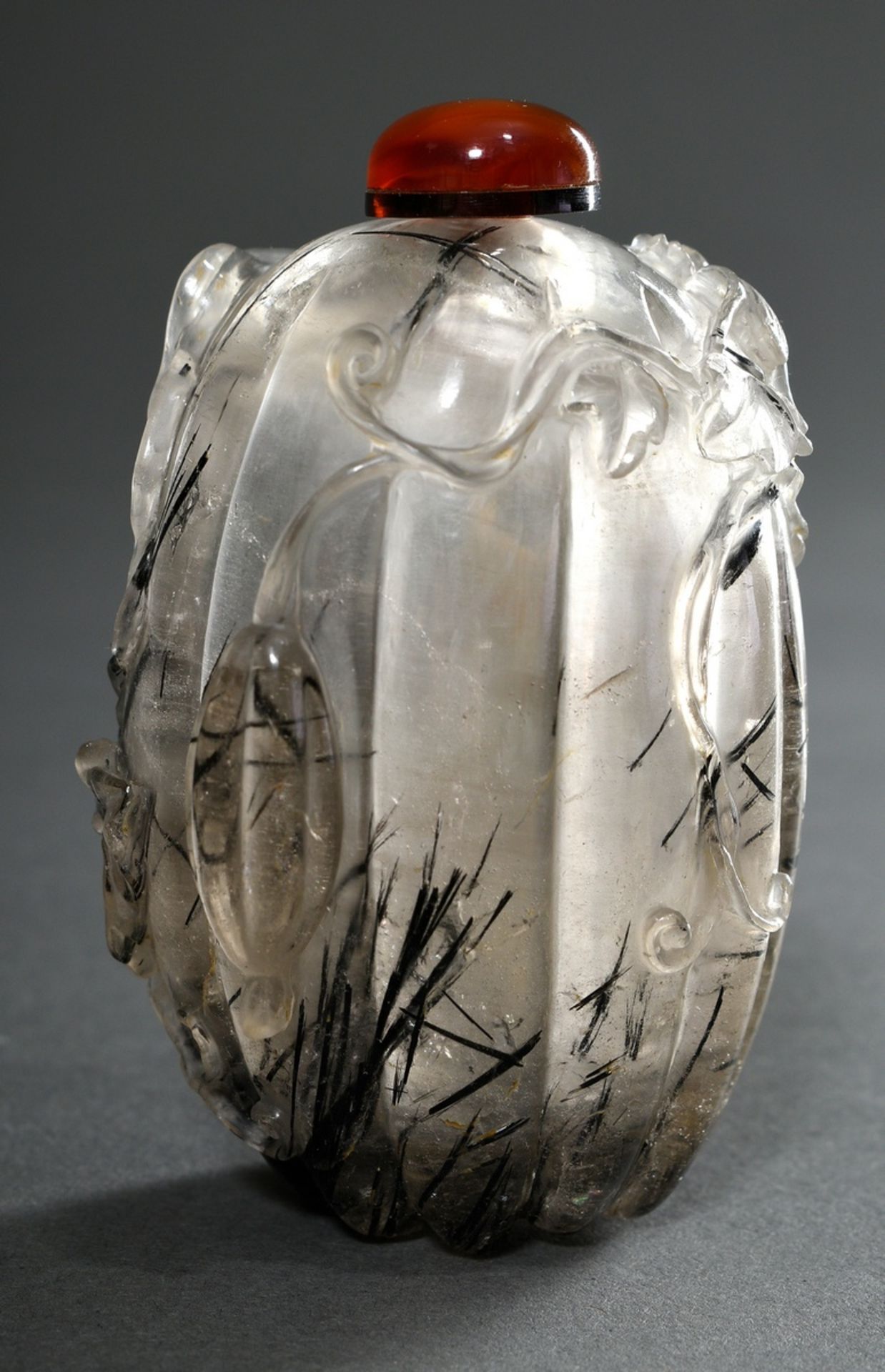 Exceptional rock crystal snuffbottle with rutile needles in gourd form with sculptural cut "blossom - Image 3 of 5