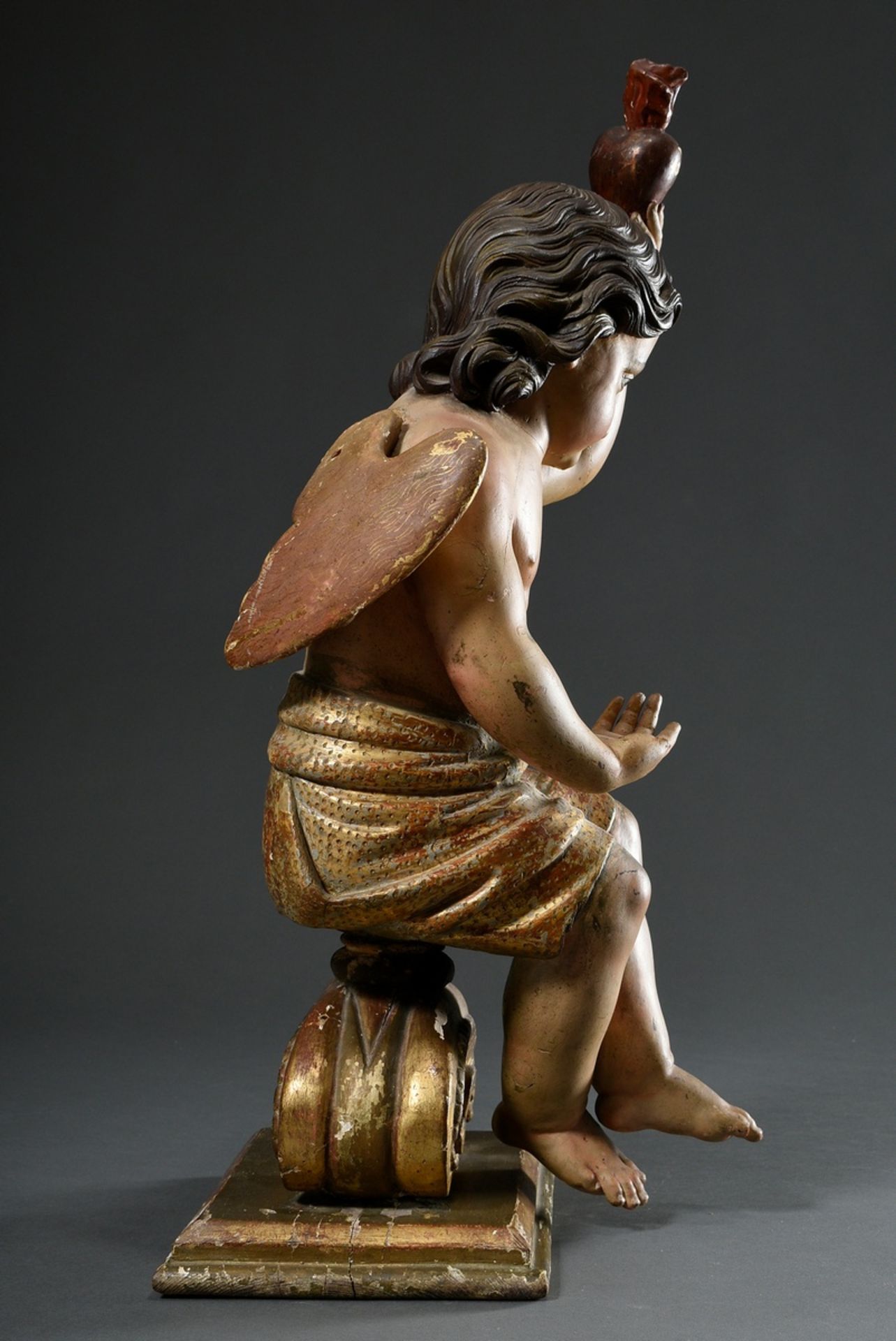 Life-size sacral figure "Angel with the Heart of Jesus" on pedestal, wood coloured and partially gi - Image 3 of 9