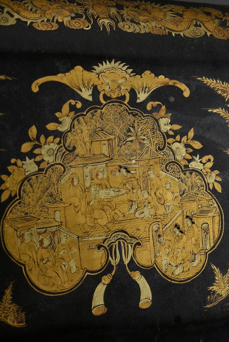 Cantonese export lacquer box with fine gold painting "Animated Everyday Scenes" and dragon framing, - Image 5 of 9