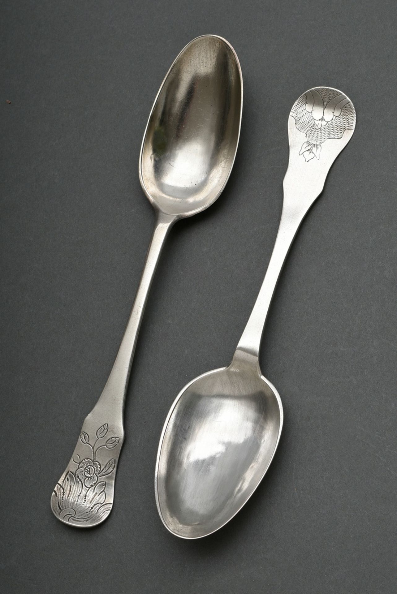 2 Various baroque spoons with violin pattern, floral engravings and engraved owner's monograms on t