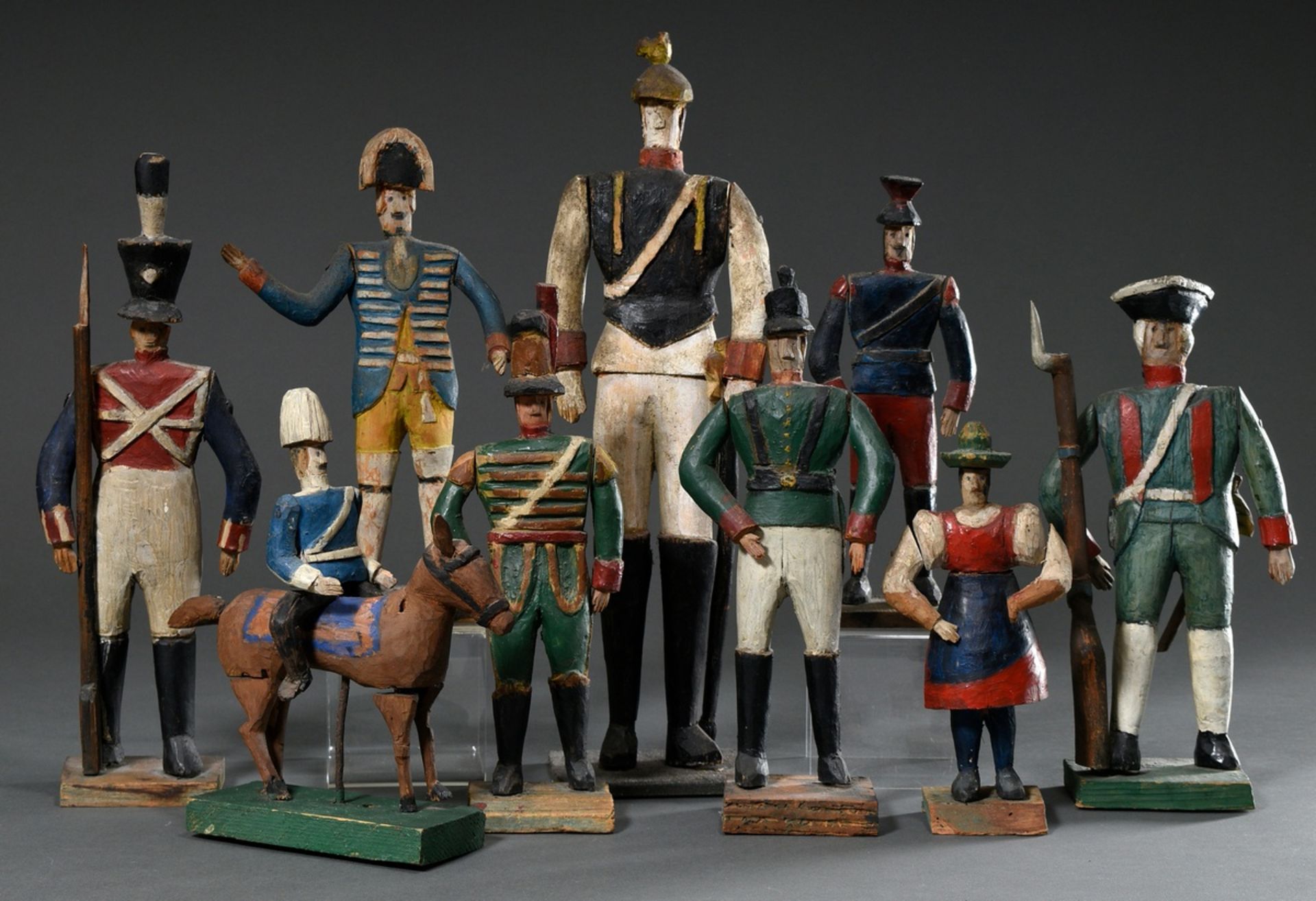 9 Various naive figures from Val Gardena "Soldiers in different uniforms from the Napoleonic Wars" 