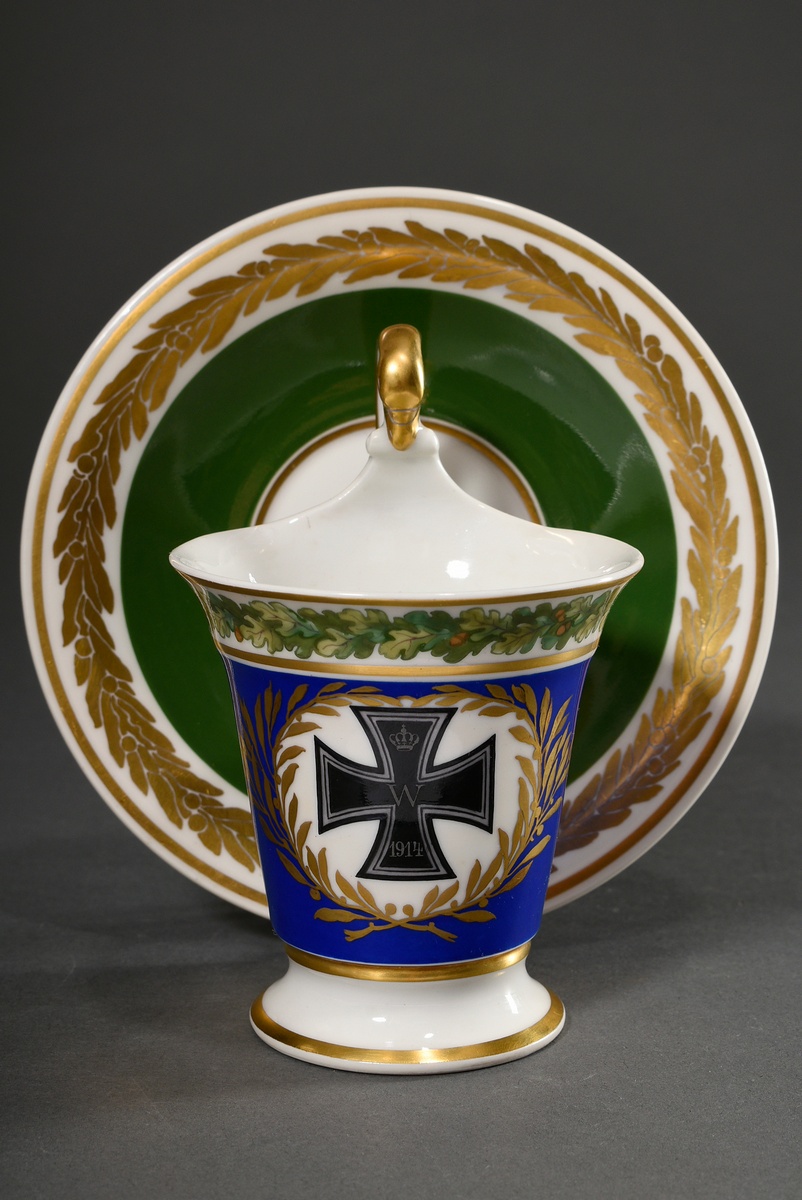 KPM war cup/UT "Iron Cross" with gold decorated medallion, painted border "oak leaves" in green ton