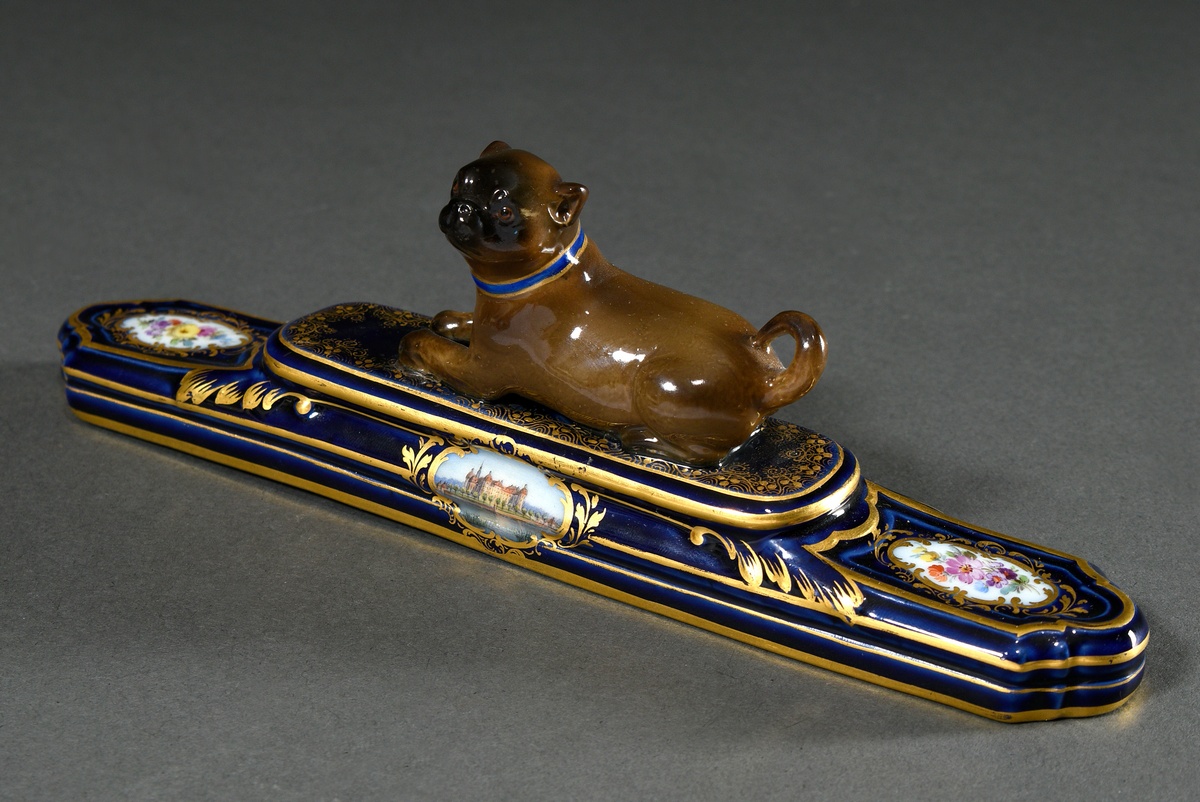Meissen paperweight with figural attachment "Pug", finely painted Saxon view "Moritzburg" and "flow