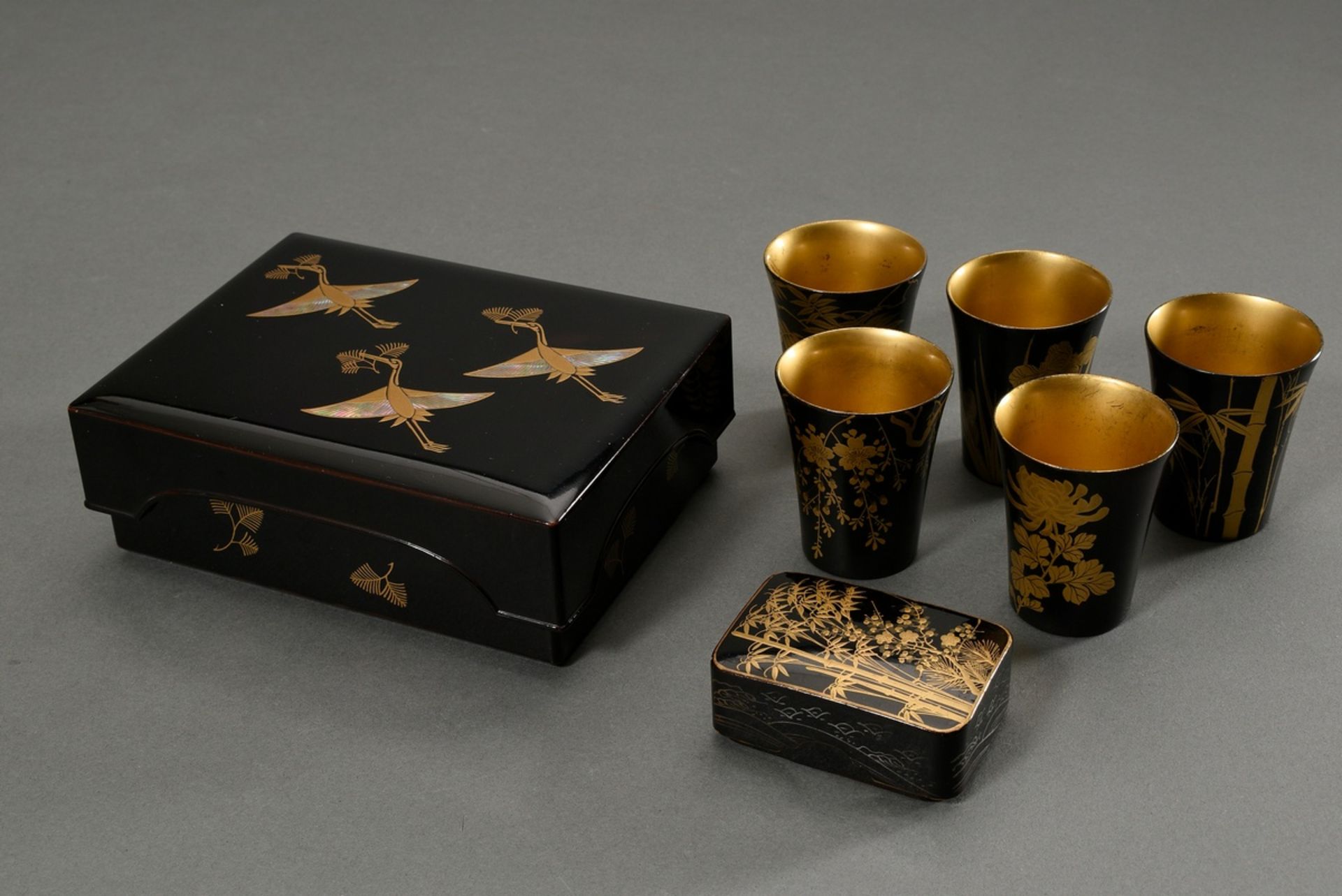 7 Various lacquer objects with takamaki-e gold decoration, Japan Meiji and Showa period: lacquer bo