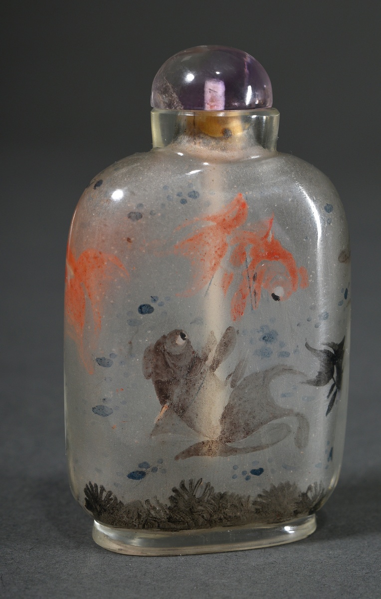 Glass snuffbottle with fine Neihua interior painting "6 veil tails in water", h. 7.2cm - Image 2 of 4
