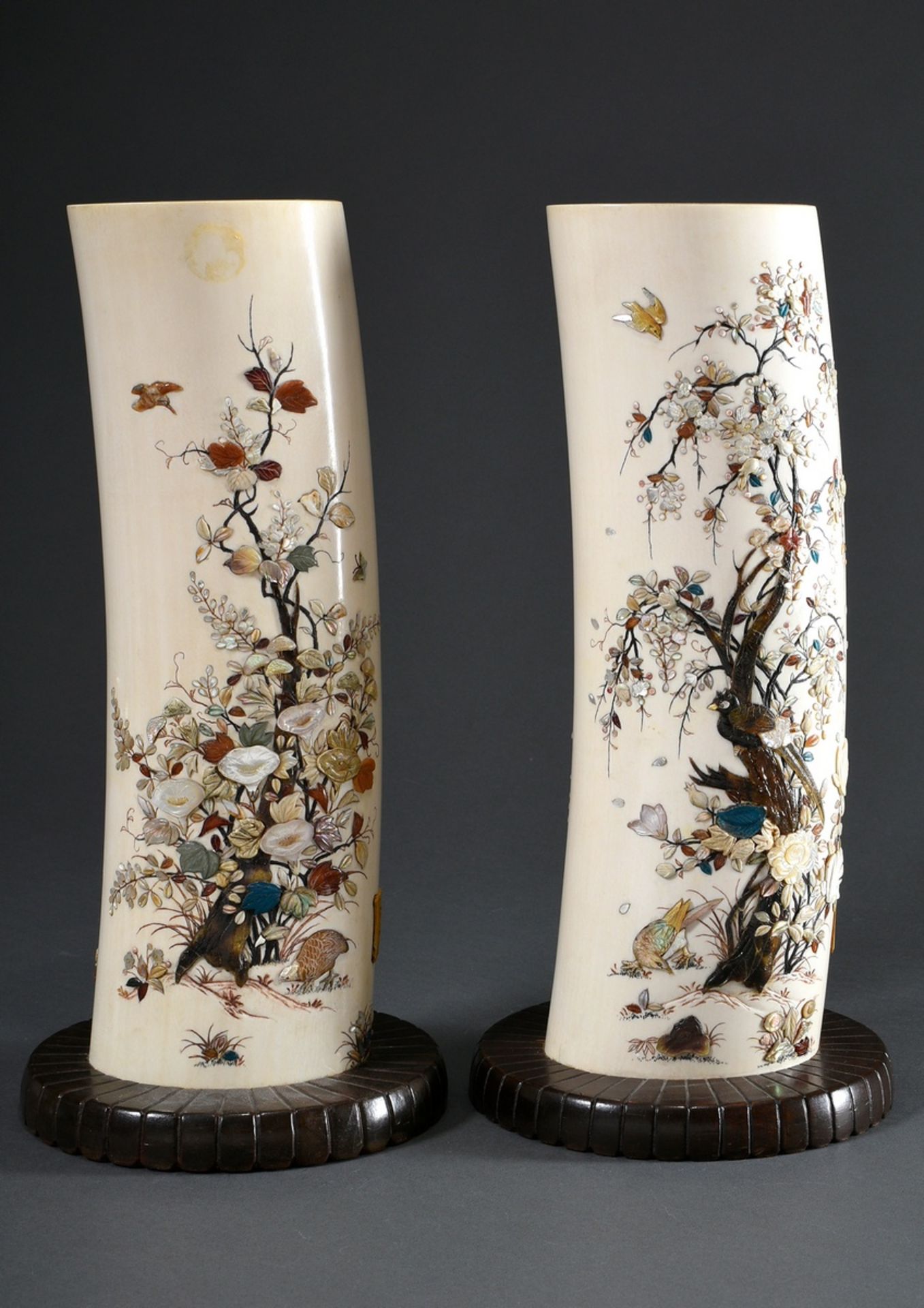 Pair of important Shibayama Okimono "Birds and Plants", ivory with fine carved and engraved mother- - Image 2 of 11