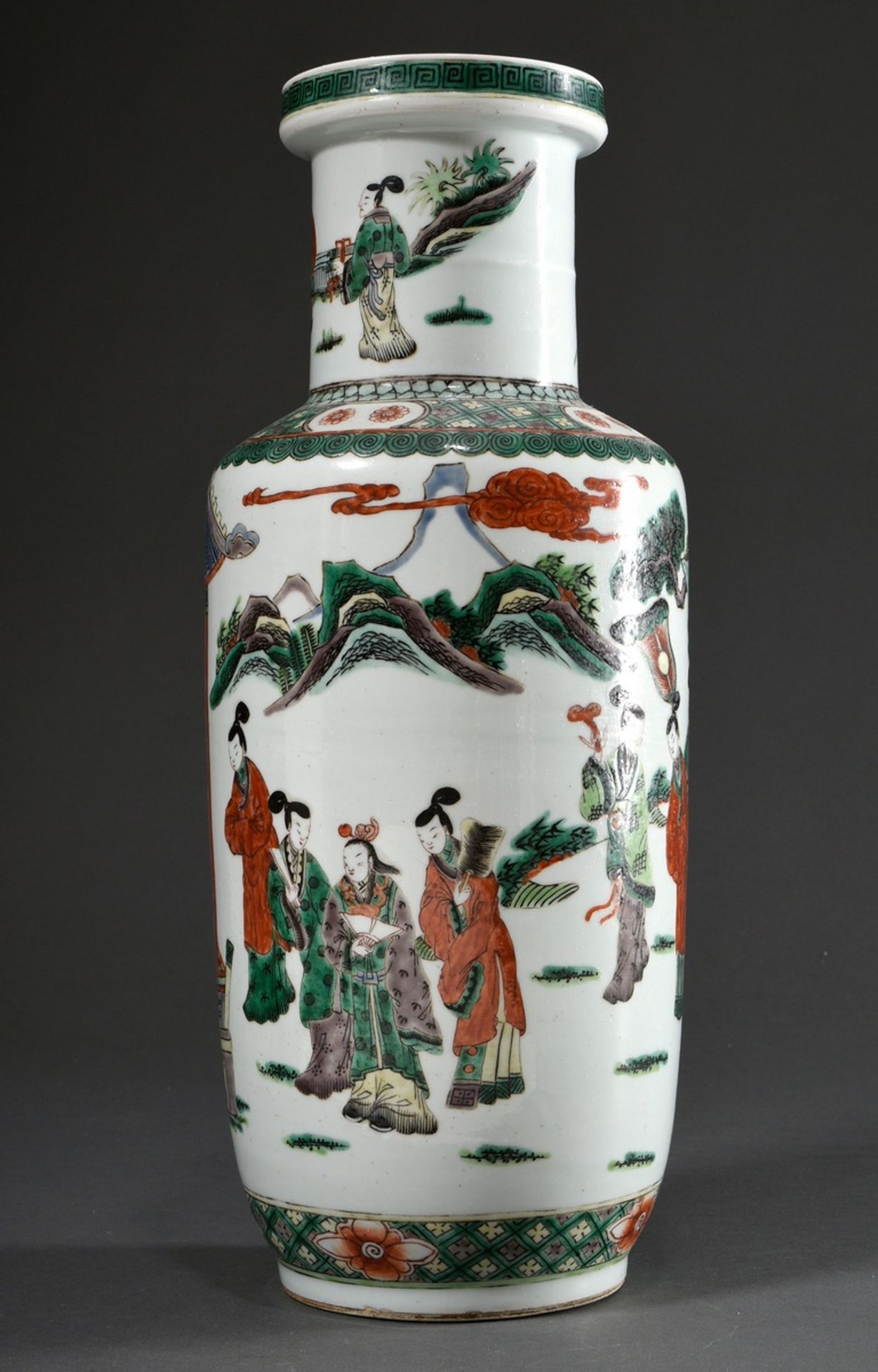 Large Rolleau vase with Kangxi style Famille Verte painting "Rural garden scene with high-ranking p - Image 2 of 6