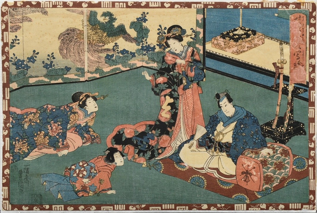 2 Woodcuts Ishiyosai Toyokuni, gen. Kunisada, from the Genji series, 34,5x23/18,5x26cm, defects, re - Image 3 of 6