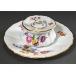 Meissen Tintenfass mit polychromer Malerei "Blumen und Insekten" und Goldrand, um 1900, H. 4cm