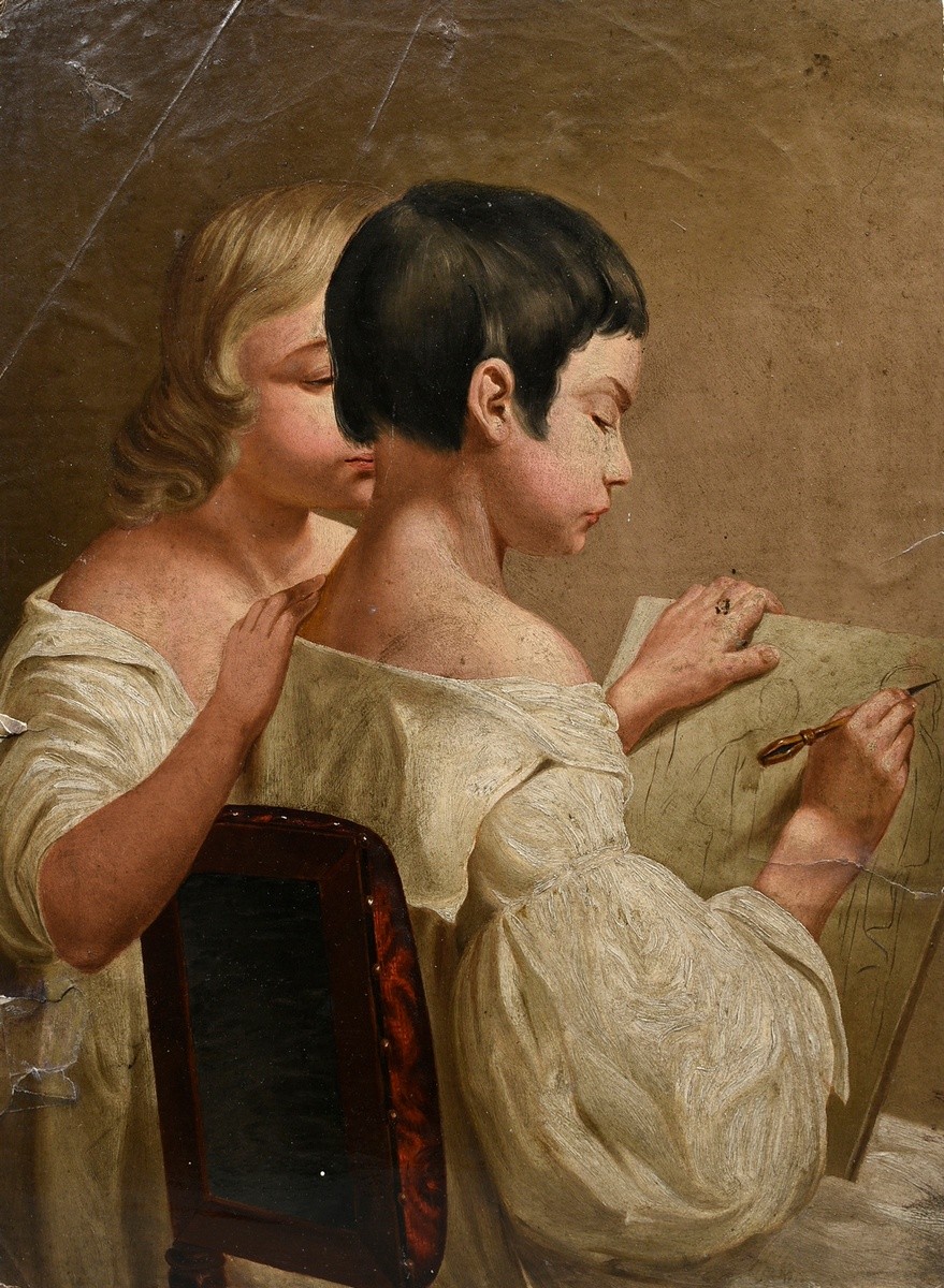 Unknown artist c. 1820 "Drawing Children", oil/paper mounted on cardboard, 40x30,5cm, defects