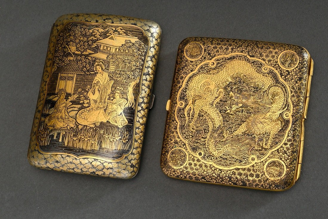 2 assorted Komai cigarette cases, etched decorations "Geishas playing music/harbour scene with Fuji