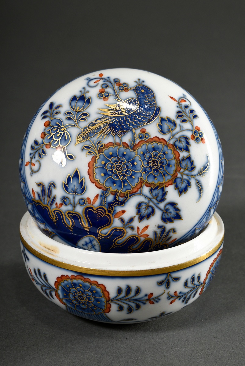 Round Meissen lidded box with blue painting "Bird on flowering branch", heightened with gold and ir - Image 2 of 3