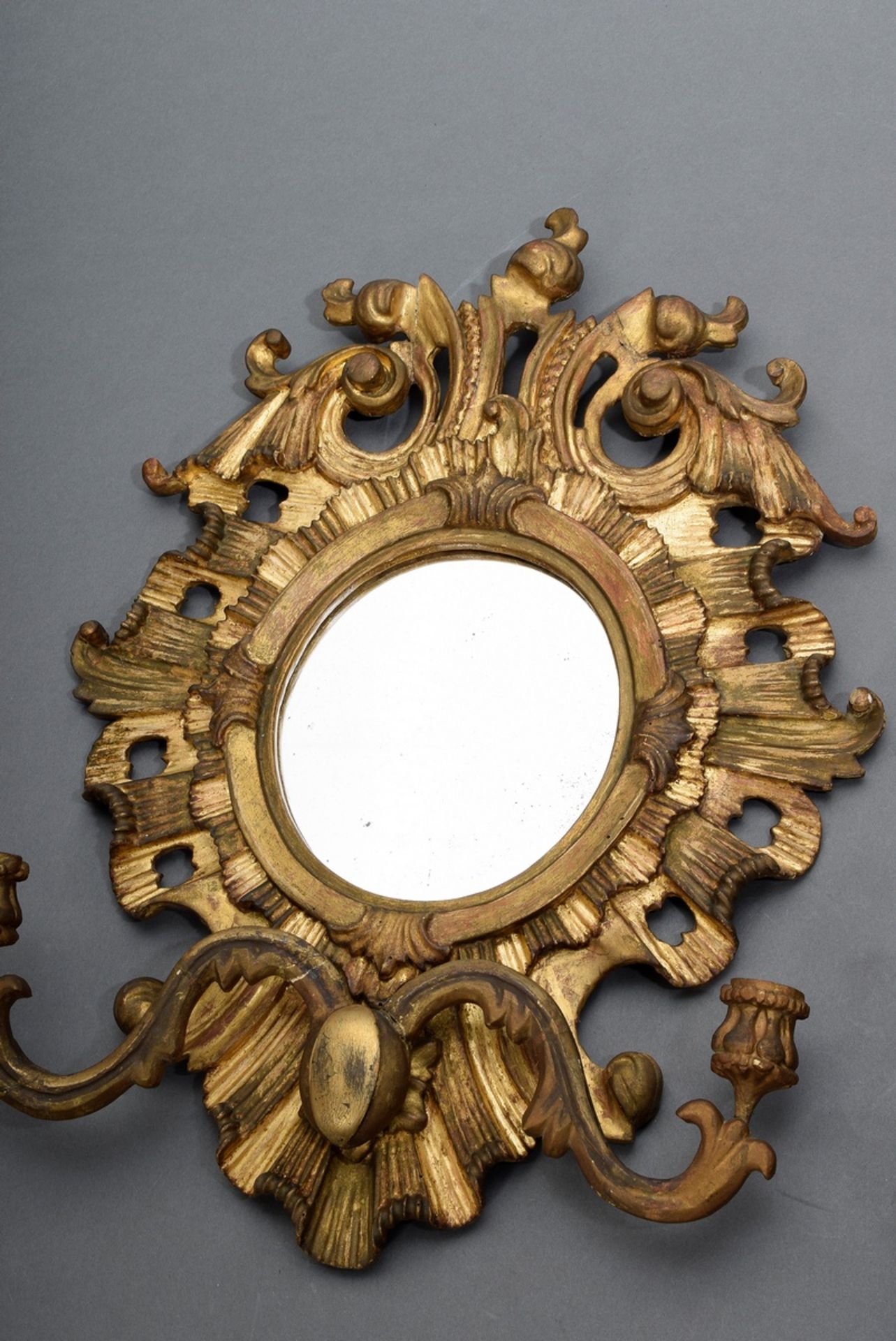 Pair of baroque wall lamp with mirrors and 2 candle arms, gilded wood, mid 18th century, 55x39,5cm, - Image 3 of 8