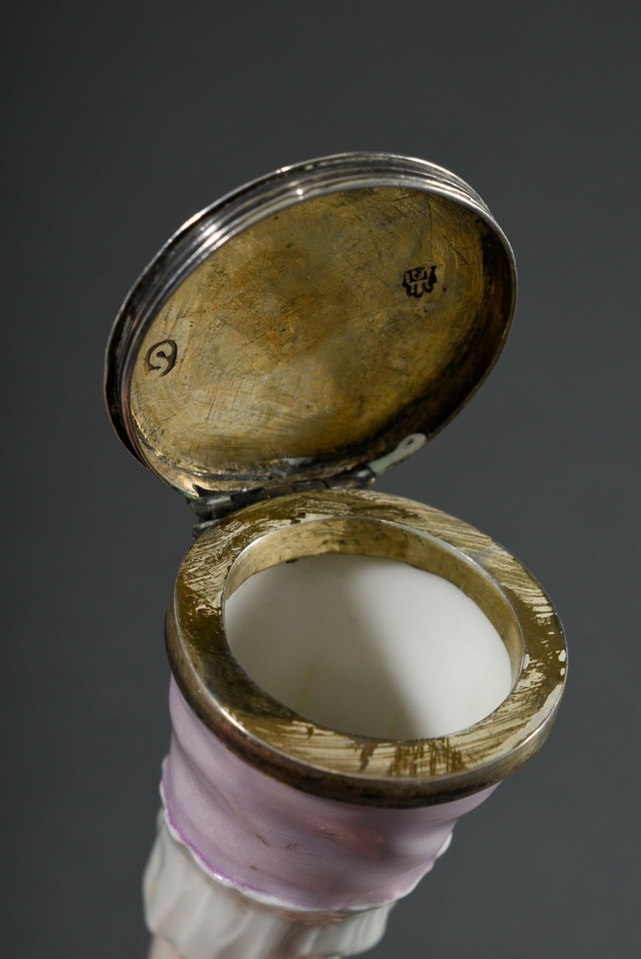 Porcelain perfume box or pomander "Lady's hand with cherries" with floral engraved silver mounting, - Image 6 of 7