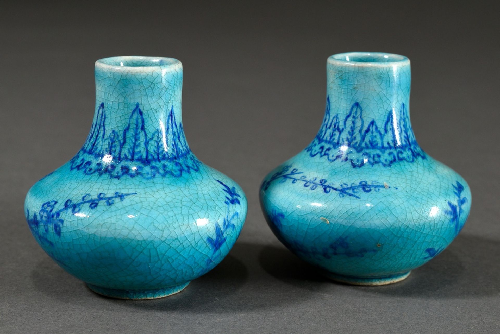 Pair of miniature porcelain vases with blue painting on turquoise crackle glaze "Blossoming Plum Tr - Image 2 of 7