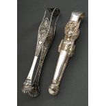 2 Diverse Biedermeier Zuckerzangen mit figürlichem Reliefdekor "Karyatide mit Blumenkorb" und "Mask