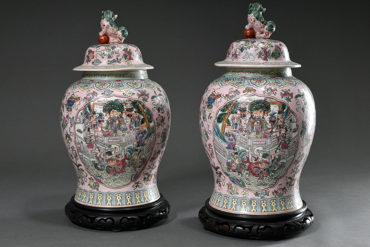 Pair of Chinese baluster vases with Famille Rose painting "Blossoms, Fruits and Scholar Objects" on - Image 6 of 13