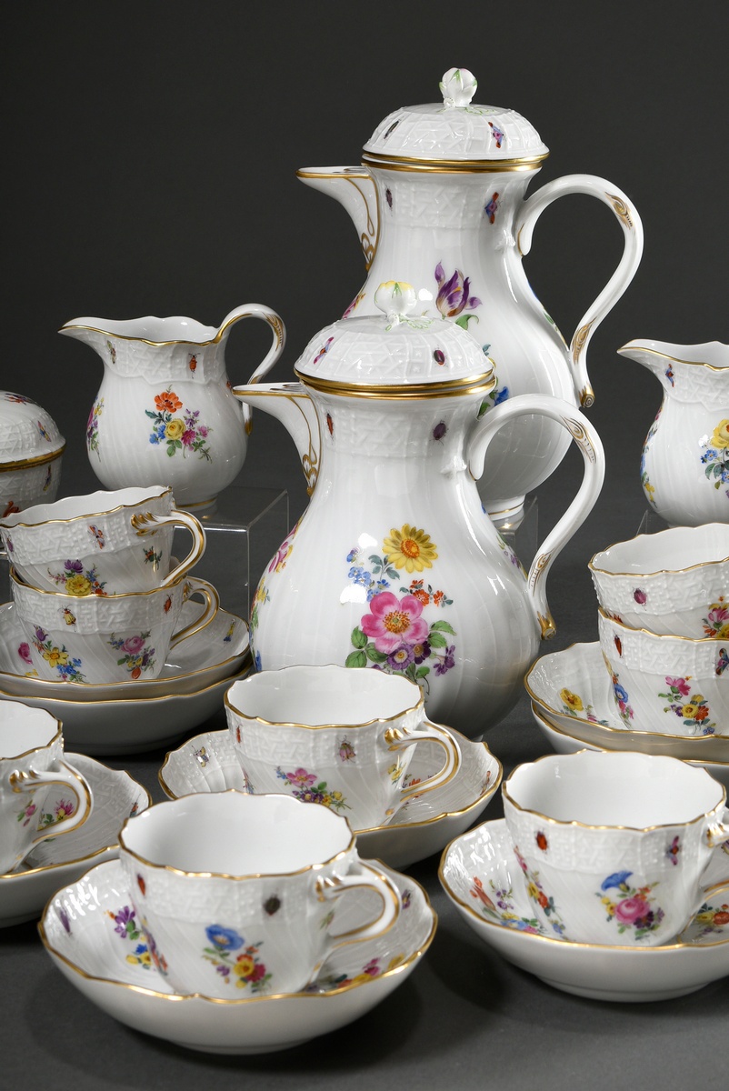 18 pieces Meissen mocha service "flower painting with insects" with Neubrandenstein relief, 20th ce