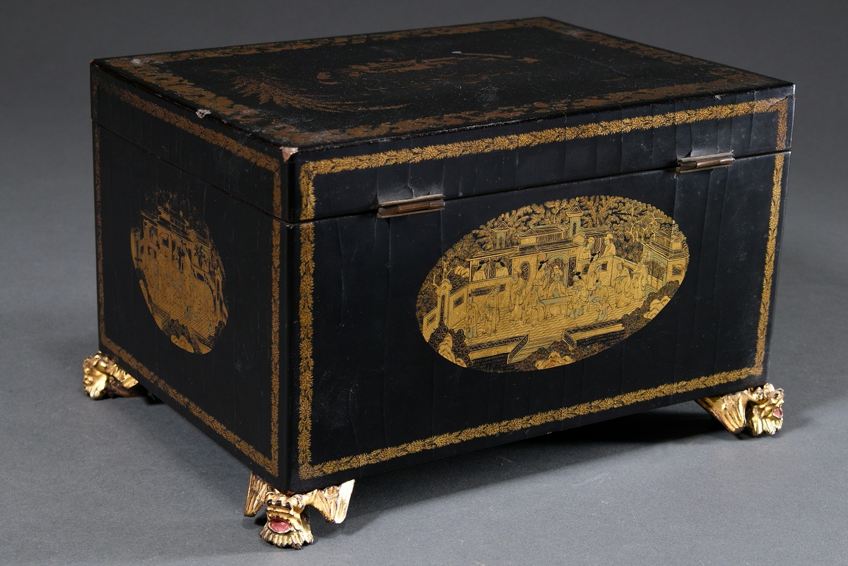 Lacquer tea chest with mythical creature feet, reserves in gold lacquer "animated courtly scenes",  - Image 4 of 9