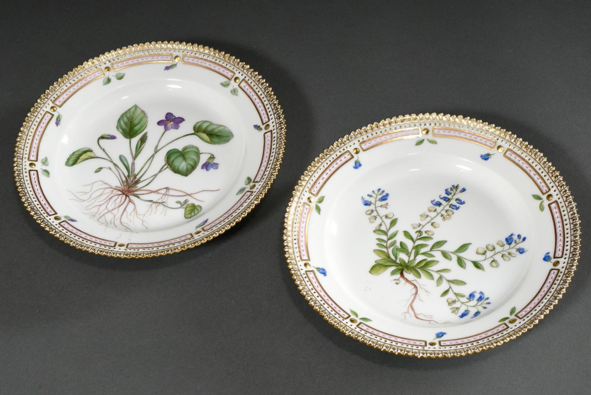 2 Royal Copenhagen "Flora Danica" Frühstücksteller mit polychromer Bemalung im Spiegel und goldstaf - Bild 2 aus 7