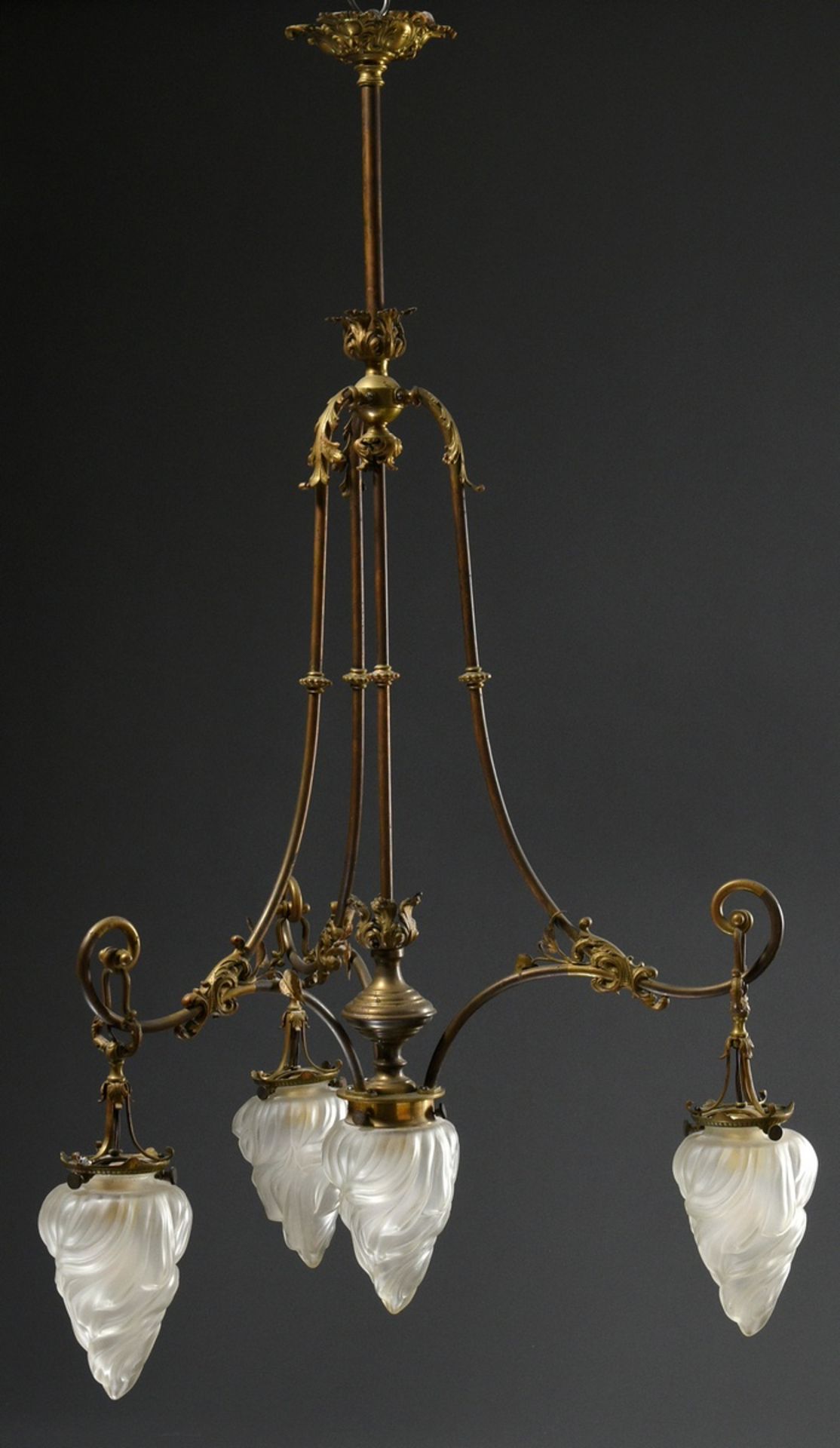 Wilhelminian period ceiling lamp with 4 frosted "flames" glass domes on brass frame with floral dec - Image 2 of 12