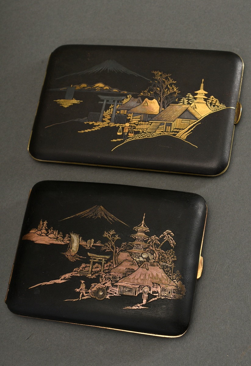 2 Various Komai style cigarette cases "Landscape with Fuji", blackened iron inlaid with silver and 