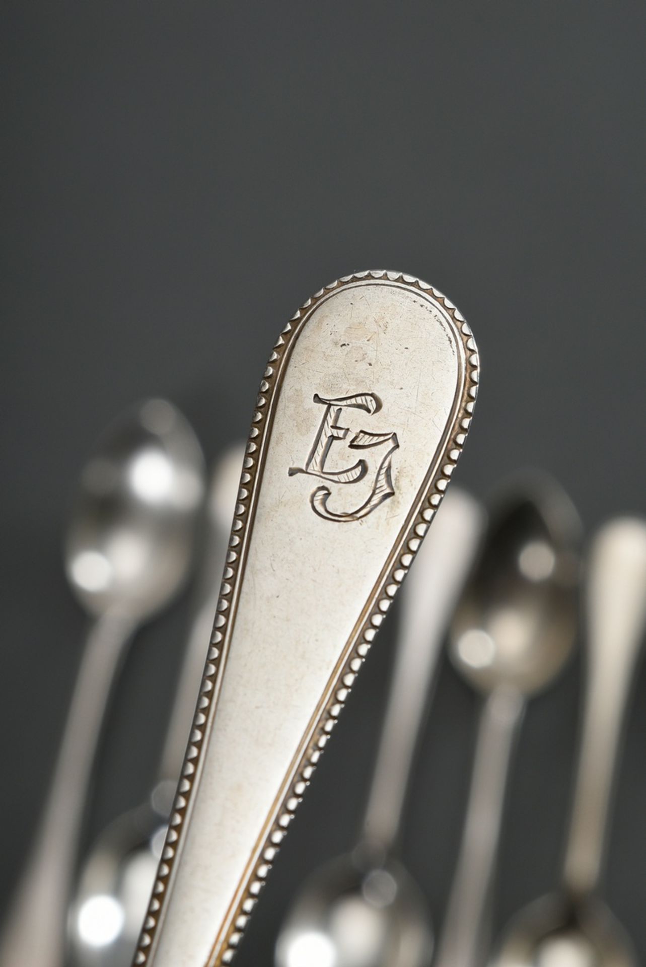 7 teaspoons with pearl pattern and monogram engraving "I", Wilkens & Söhne/ Bremen, jeweller's mark - Image 3 of 4