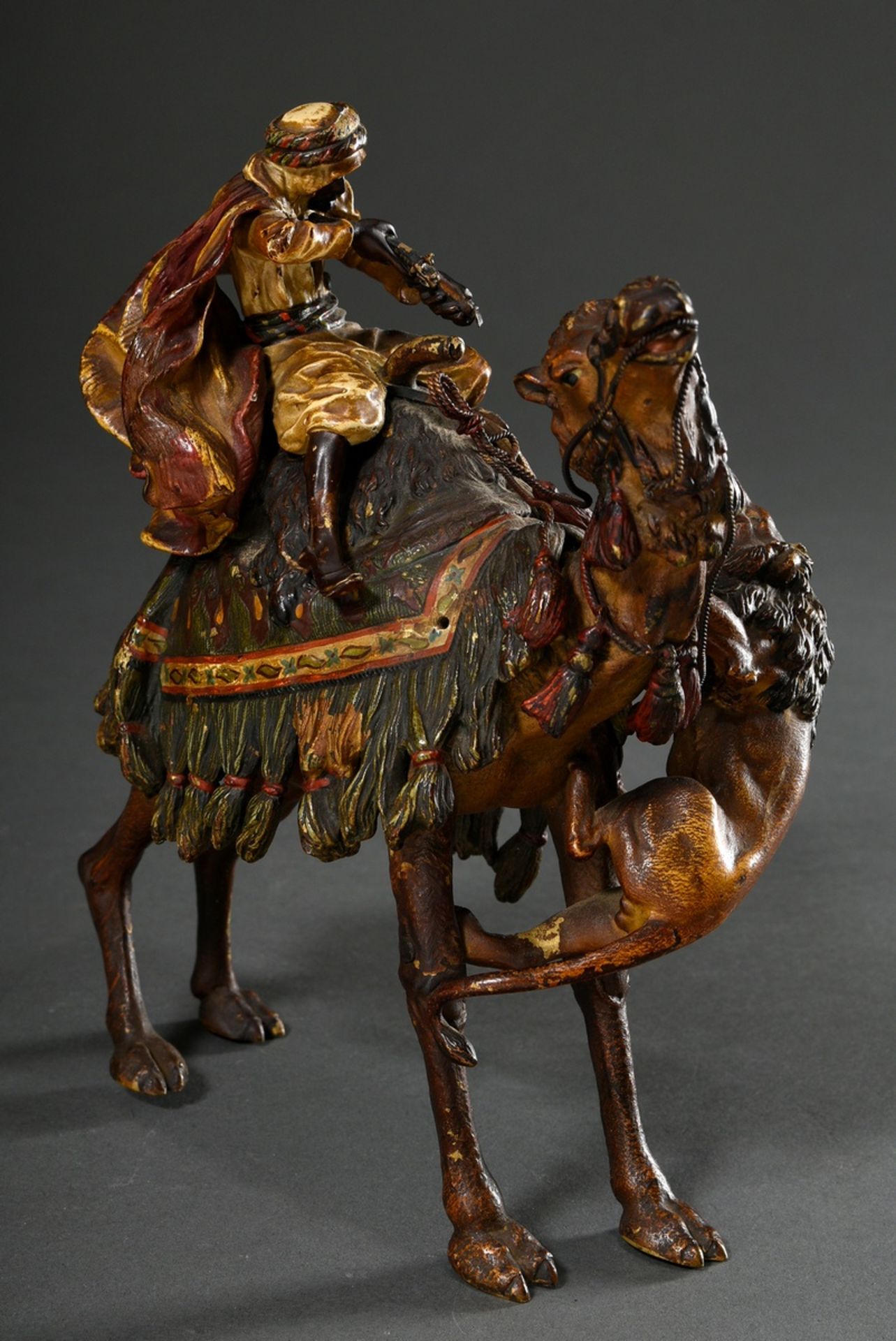 Viennese bronze "Arabian horseman on dromedary during a lion attack", coloured, vase stamp by Franz - Image 3 of 12