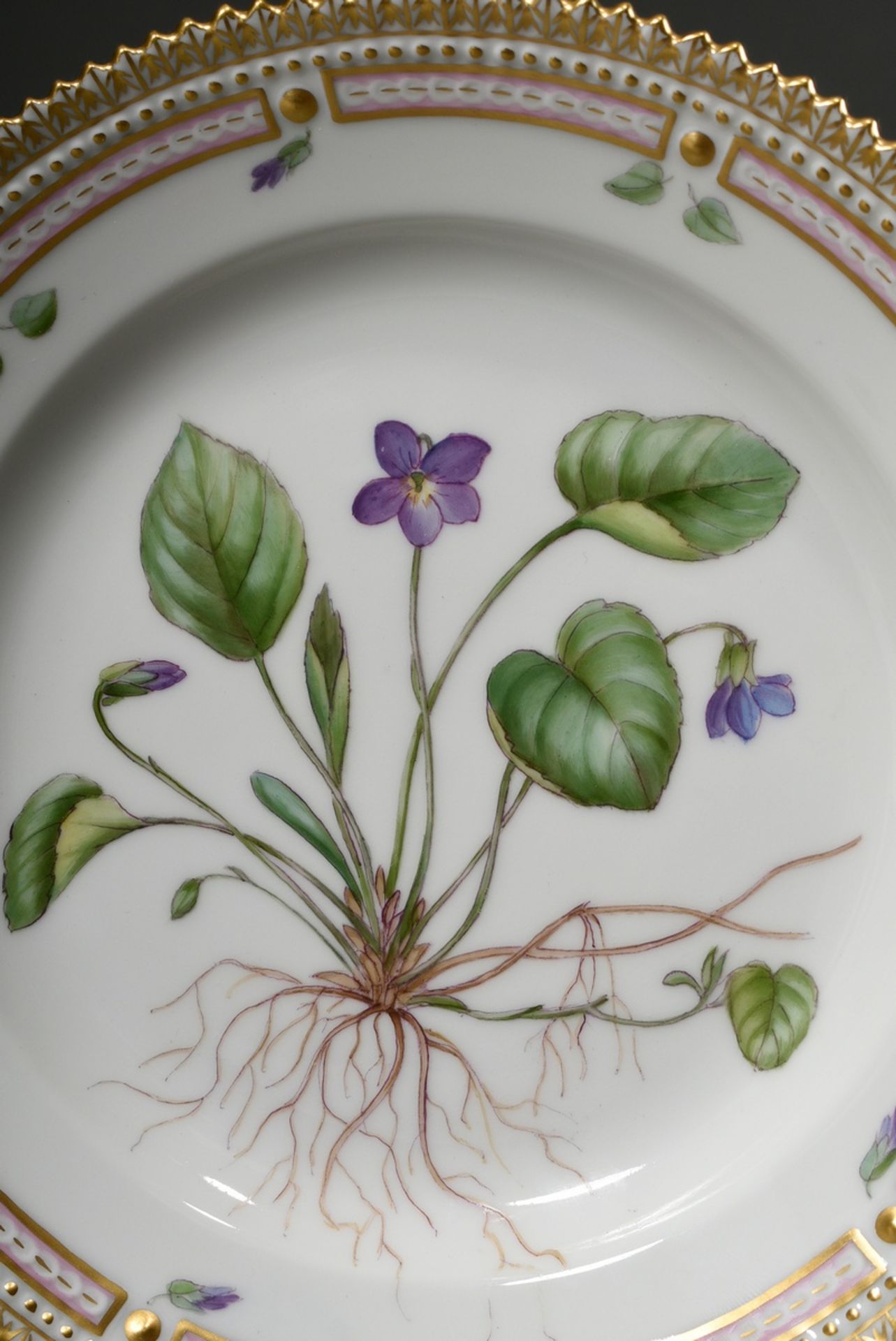 2 Royal Copenhagen "Flora Danica" Frühstücksteller mit polychromer Bemalung im Spiegel und goldstaf - Bild 5 aus 7