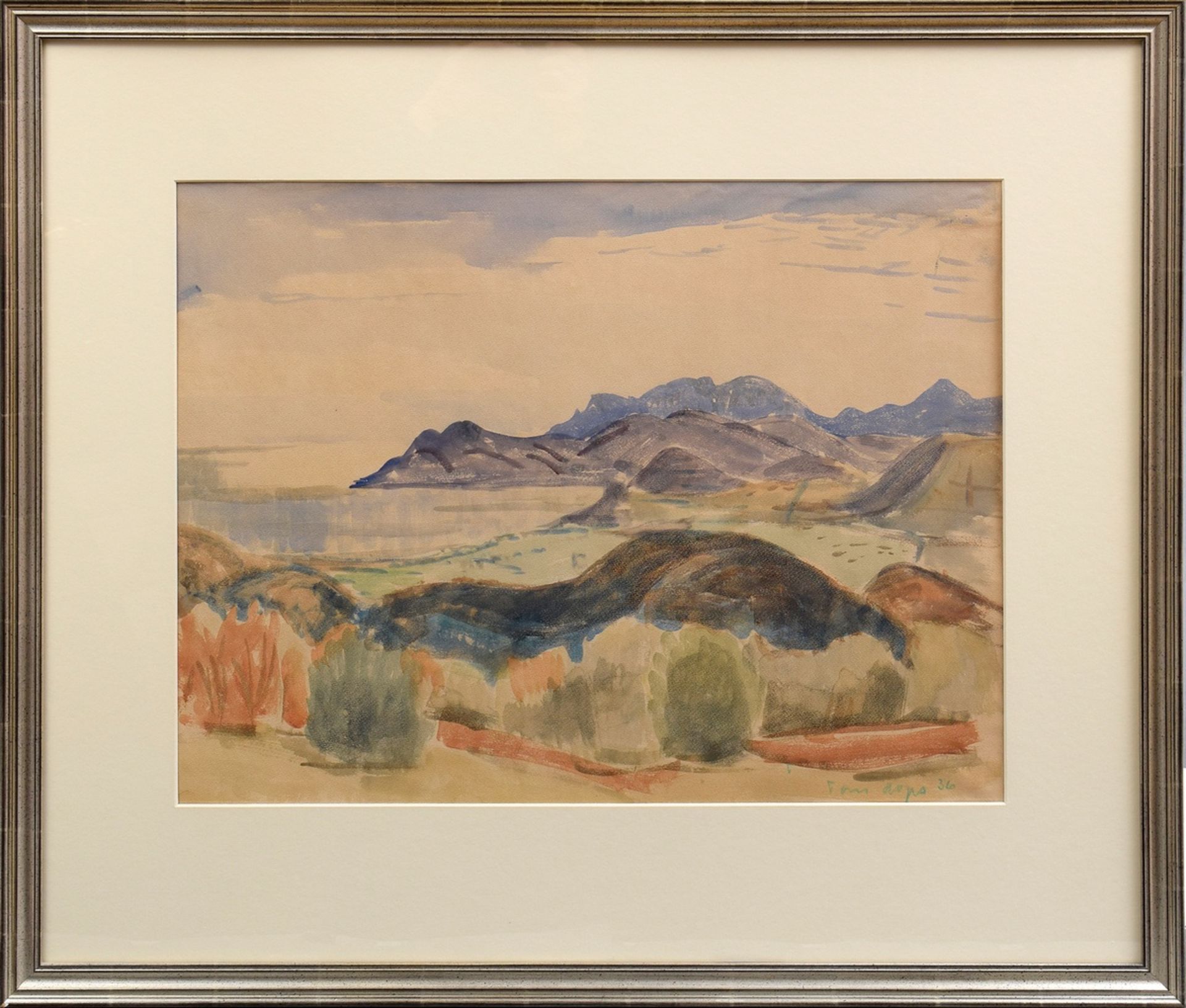 Hops, Tom (1906-1976) "Seenlandschaft" 1936, Aquarell, u.r. sign./dat., 46,5x61,5cm (m.R. 74x87cm), - Bild 2 aus 3